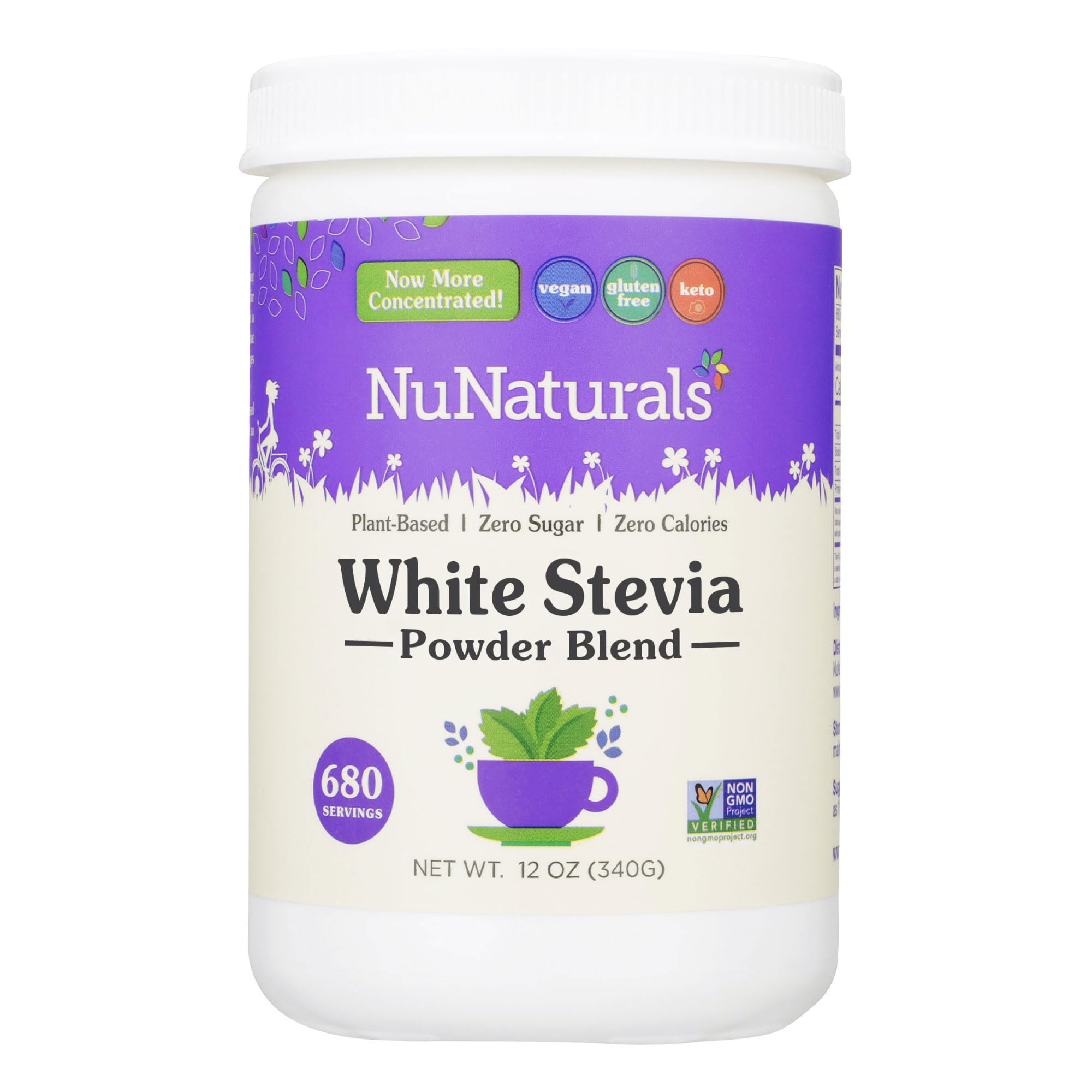 NuNaturals White Stevia Powder Blend — Zero-Calorie Plant-Based Sweetener, 12 oz