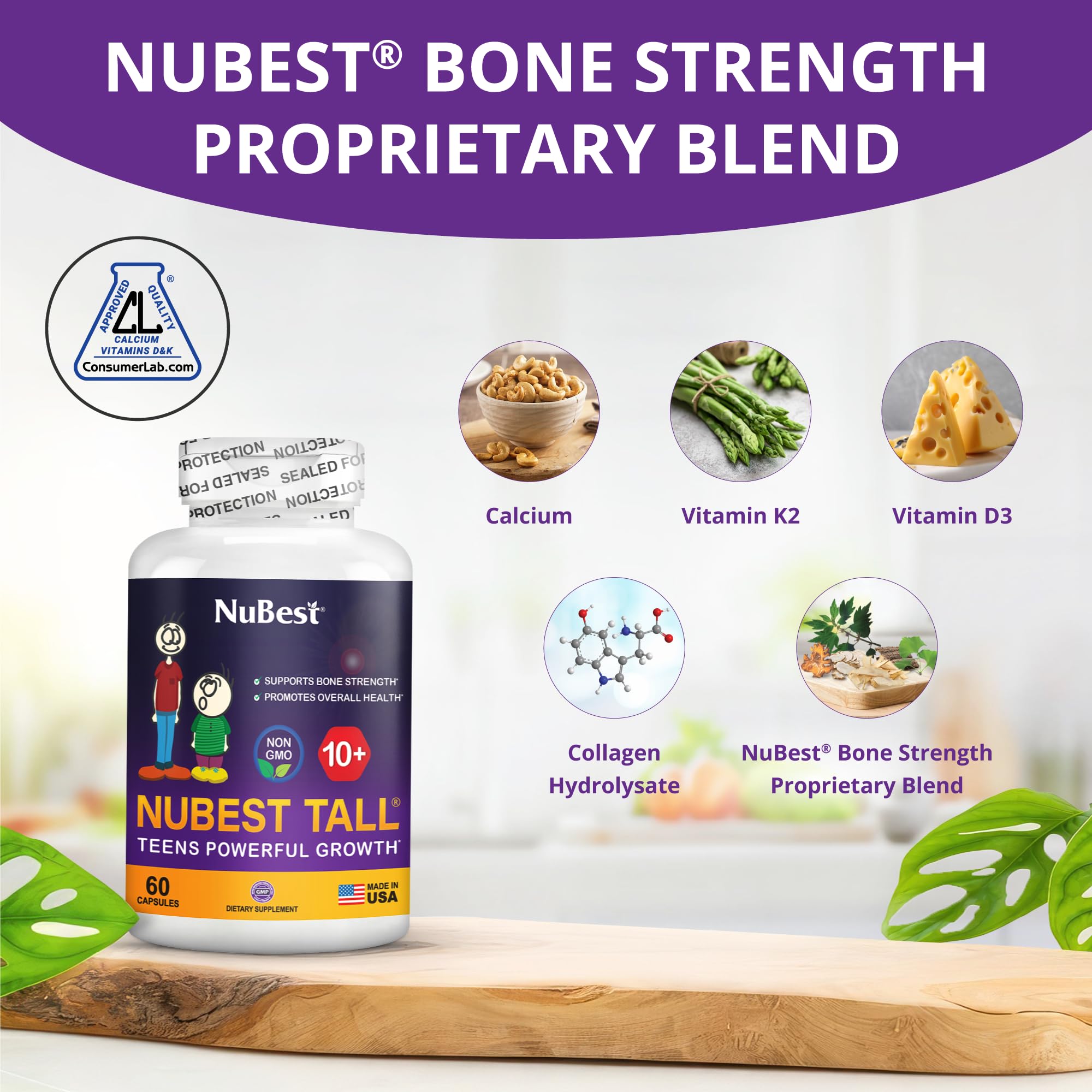 NuBest Tall 10+ Premium Bone Strength Formula for Ages 10+ — Calcium, D3 & K2 | 60 Capsules