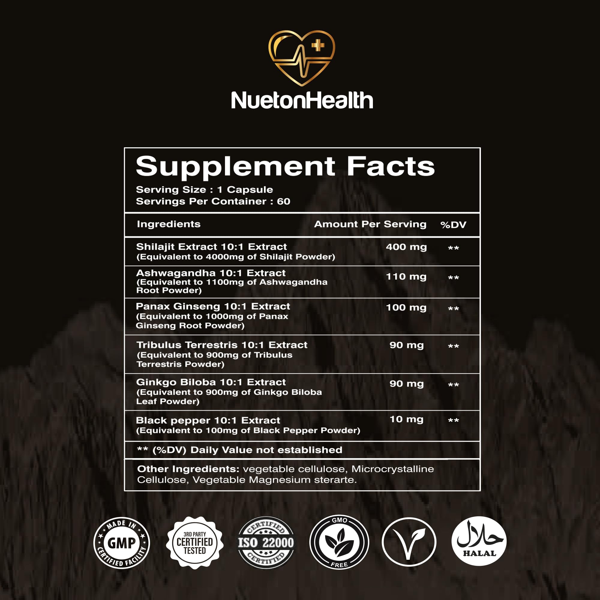 NuetonHealth Shilajit Fusion Capsules – Vegan, Gluten-Free Vitality Blend