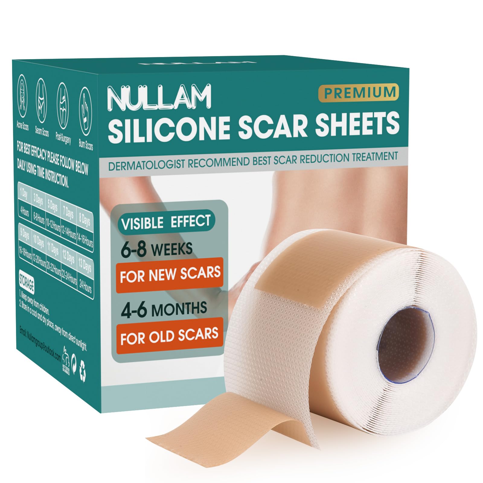 Nullam Silicone Scar Sheets & Tape Roll (1.6 x 59 in) for Surgical, C-Section & Keloid Scars