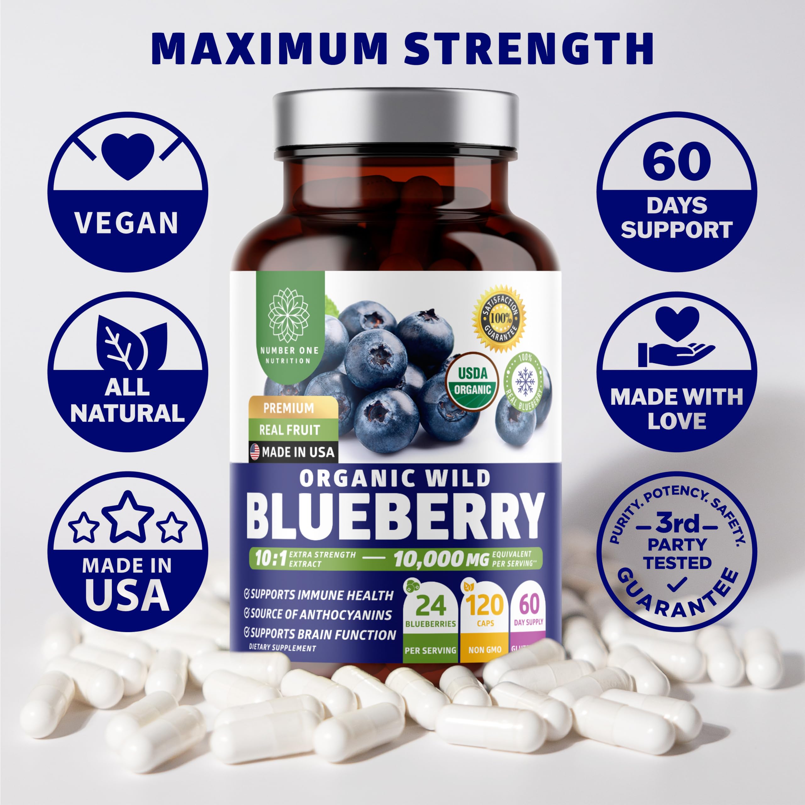 Number One Nutrition USDA Organic Wild Blueberry Extract 10:1 - 10,000 mg per Serving