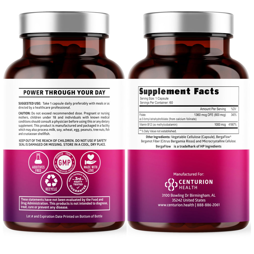 Number One Nutrition Premium Methylated B12 + Folate Supplement for Energy, Cognition, and Nerve Support | 60 Vegan Capsules, Non-GMO & Gluten-Free