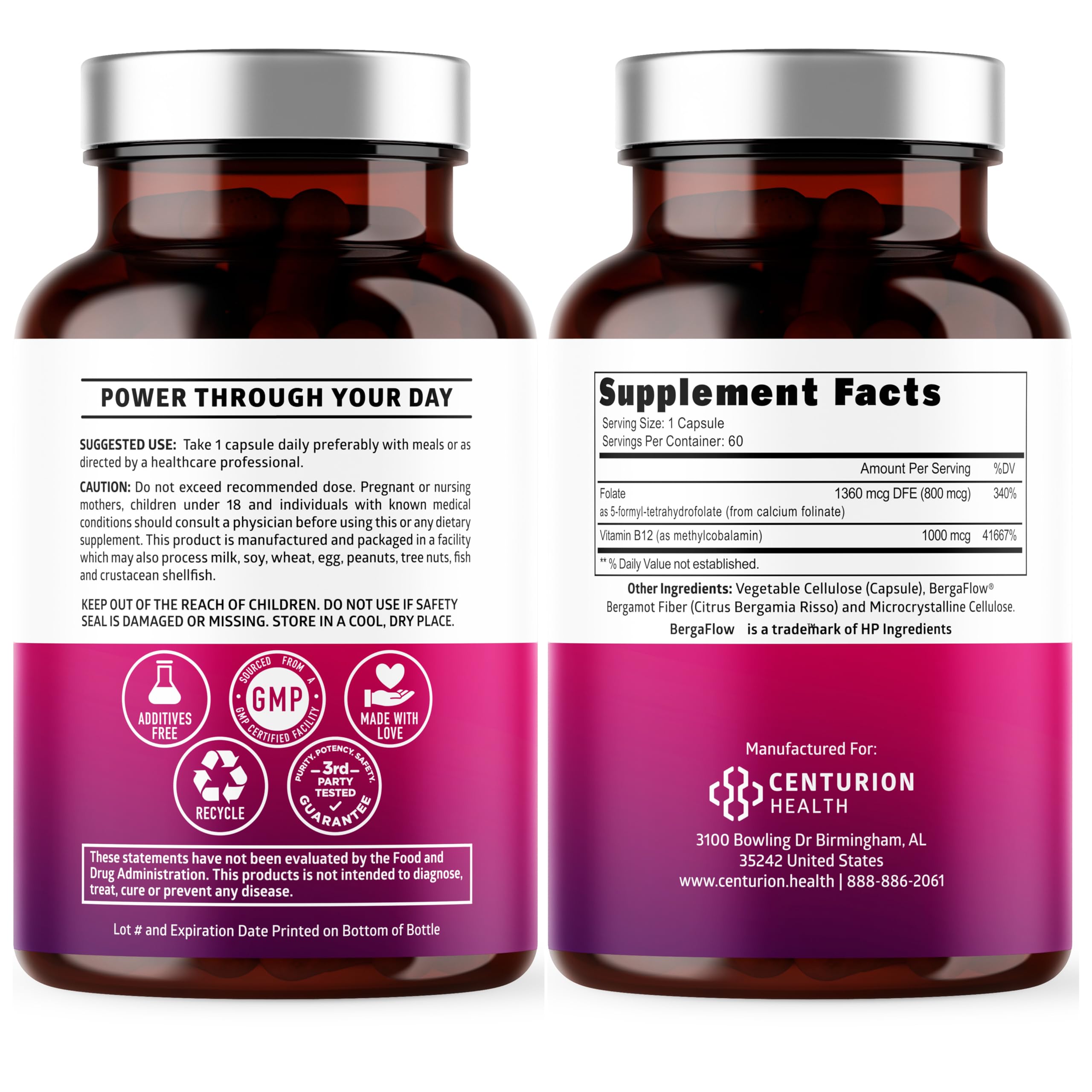 Number One Nutrition Premium Methylated B12 + Folate Supplement for Energy, Cognition, and Nerve Support | 60 Vegan Capsules, Non-GMO & Gluten-Free