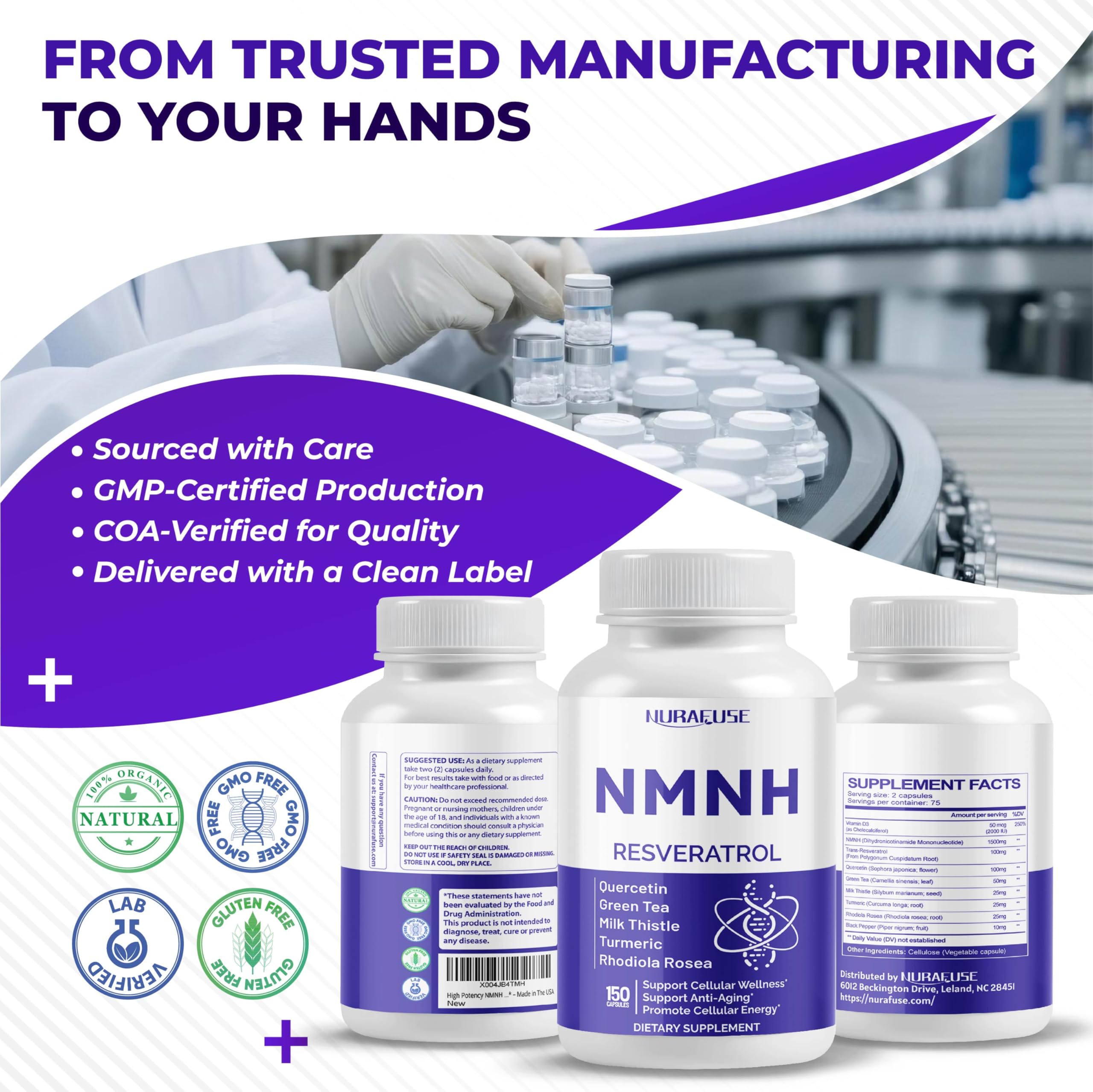 High Potency NMNH with Resveratrol & Quercetin – 75-Day NMNH Supplement | Made in USA
