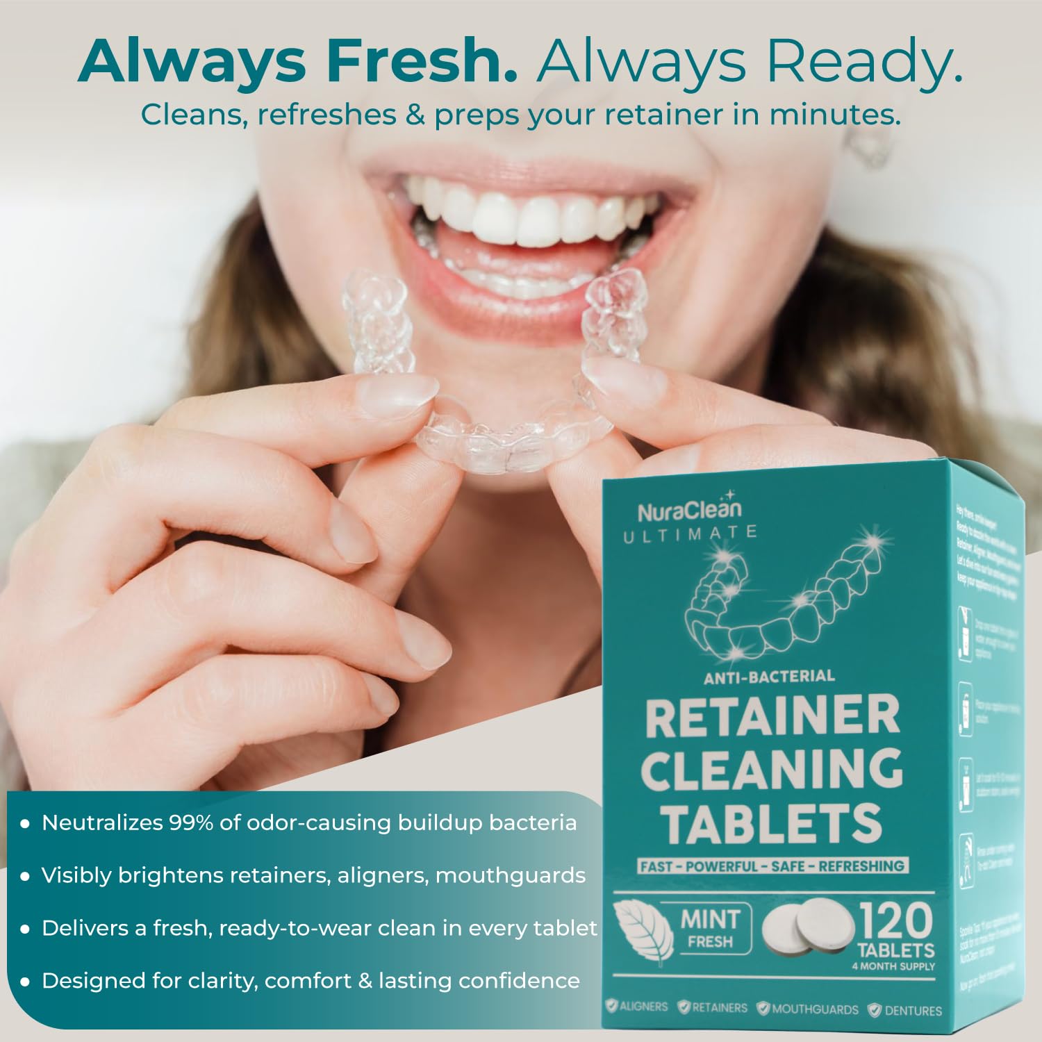 NuraClean Ultimate Retainer Cleaner Tablets – 120 Count | Braces, Mouthguards & Dentures