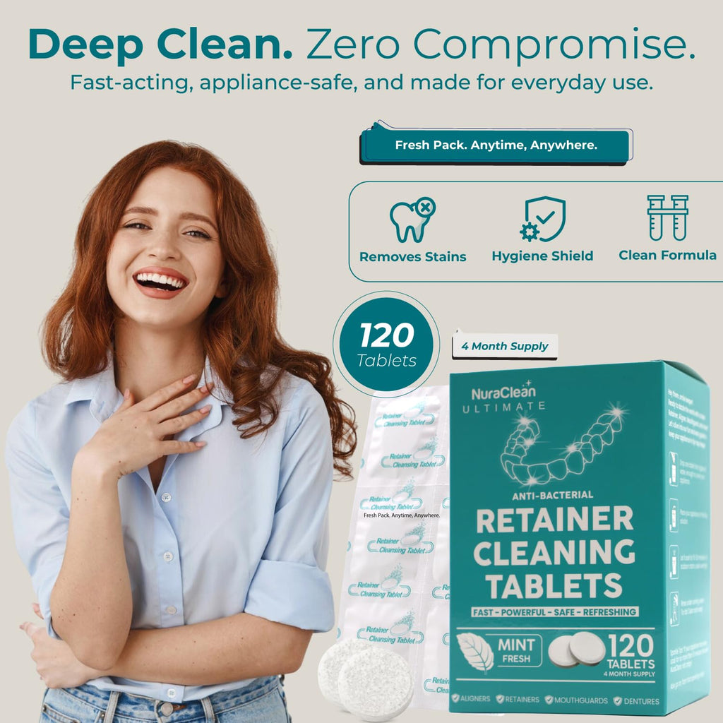 NuraClean Ultimate Retainer Cleaner Tablets – 120 Count | Braces, Mouthguards & Dentures