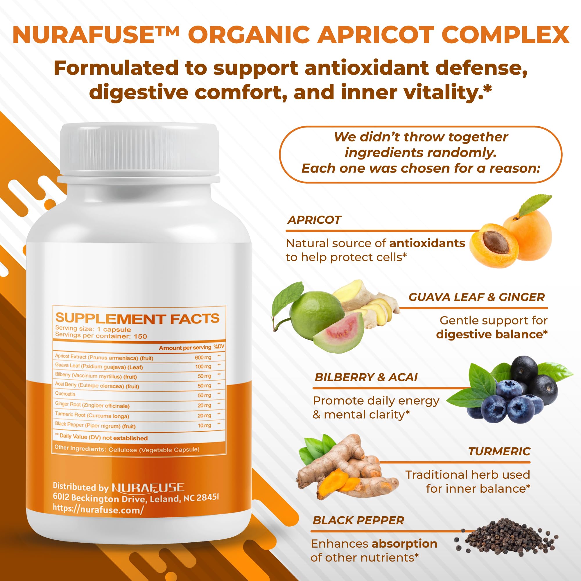 NURAFUSE 8-in-1 Apricot, Amla & Bilberry – Antioxidants for Anti-Aging & Digestive Health | 150 Capsules
