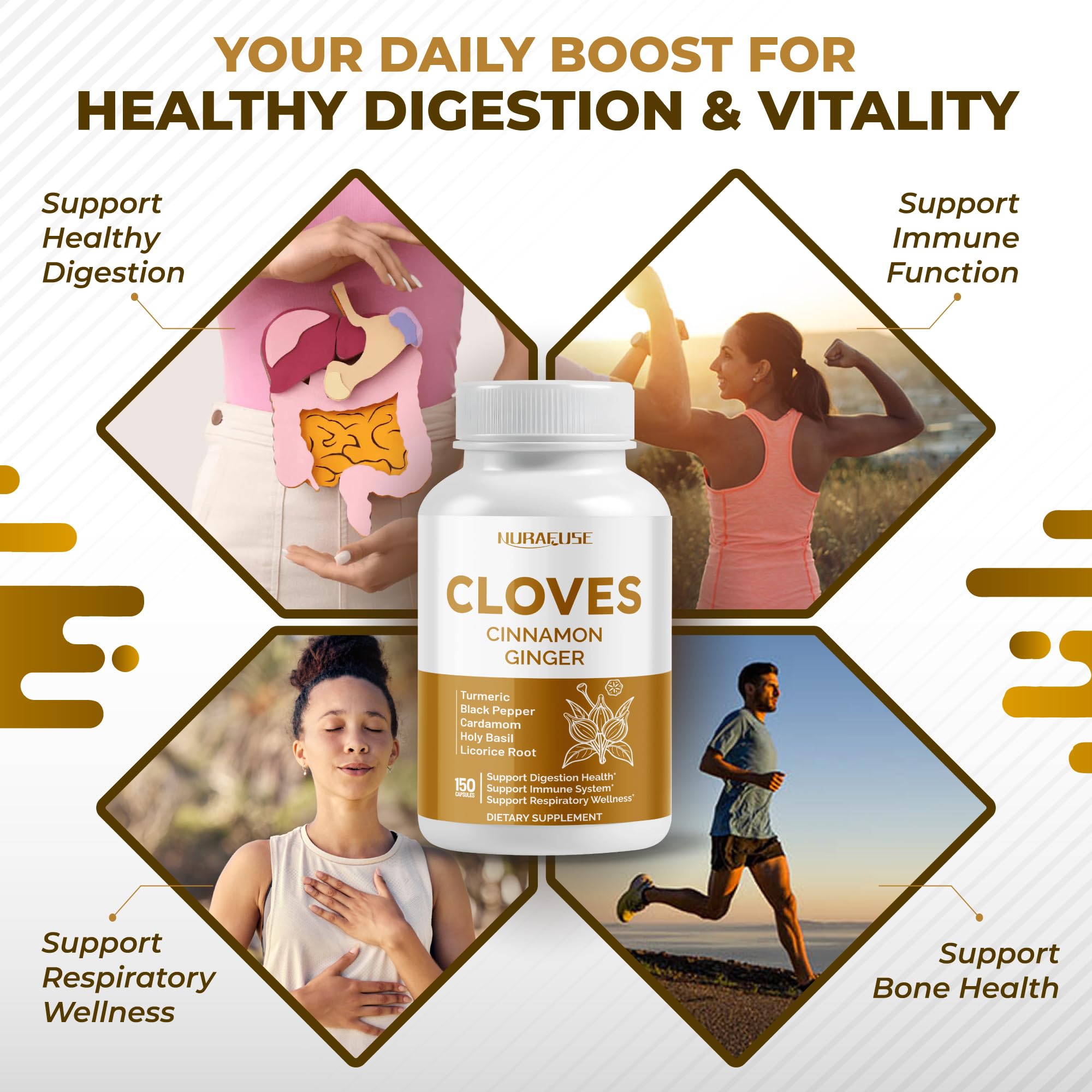 NURAFUSE Cloves Cinnamon Ginger - Digestive Health, Immunity, Respiratory Wellness - USA Made