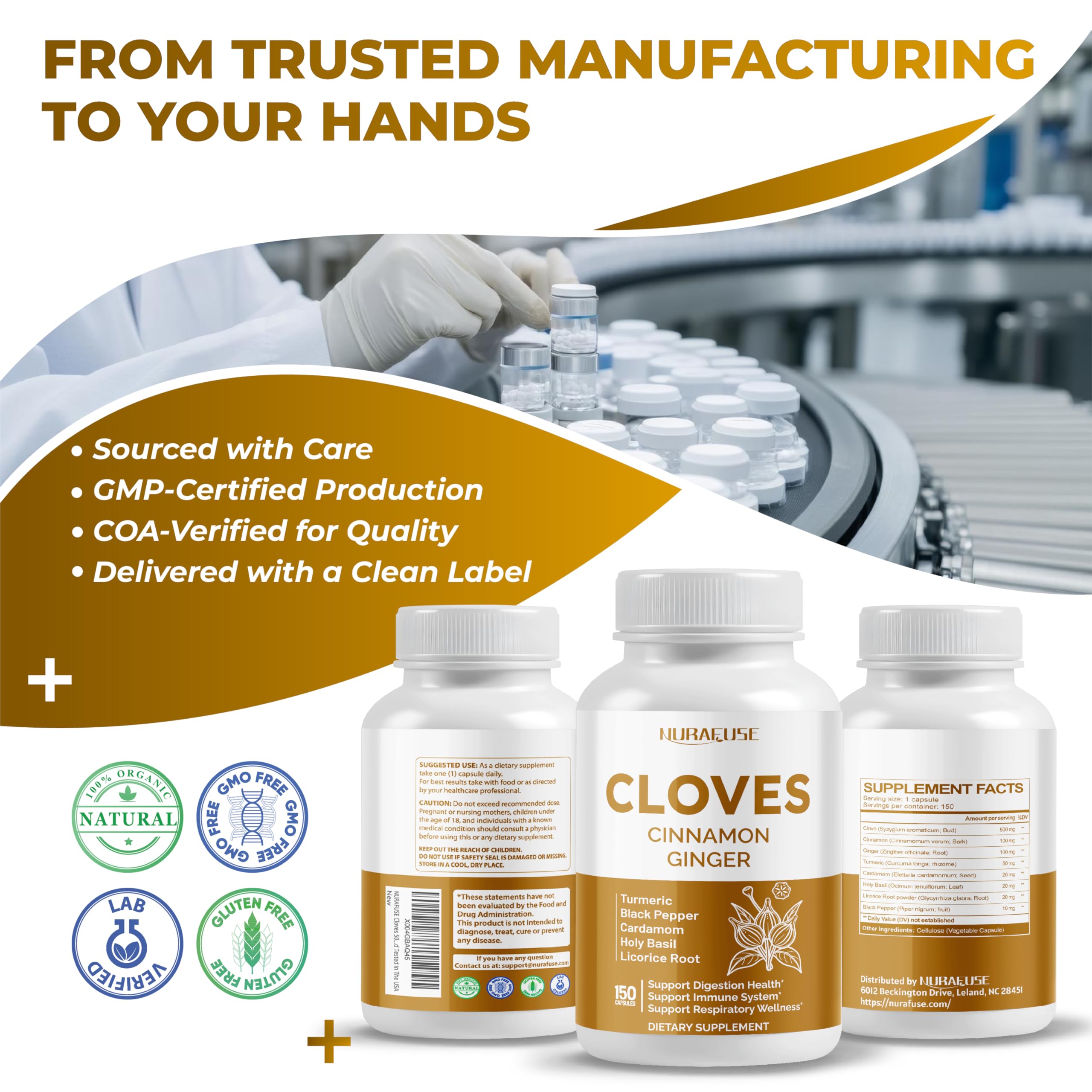 NURAFUSE Cloves Cinnamon Ginger - Digestive Health, Immunity, Respiratory Wellness - USA Made