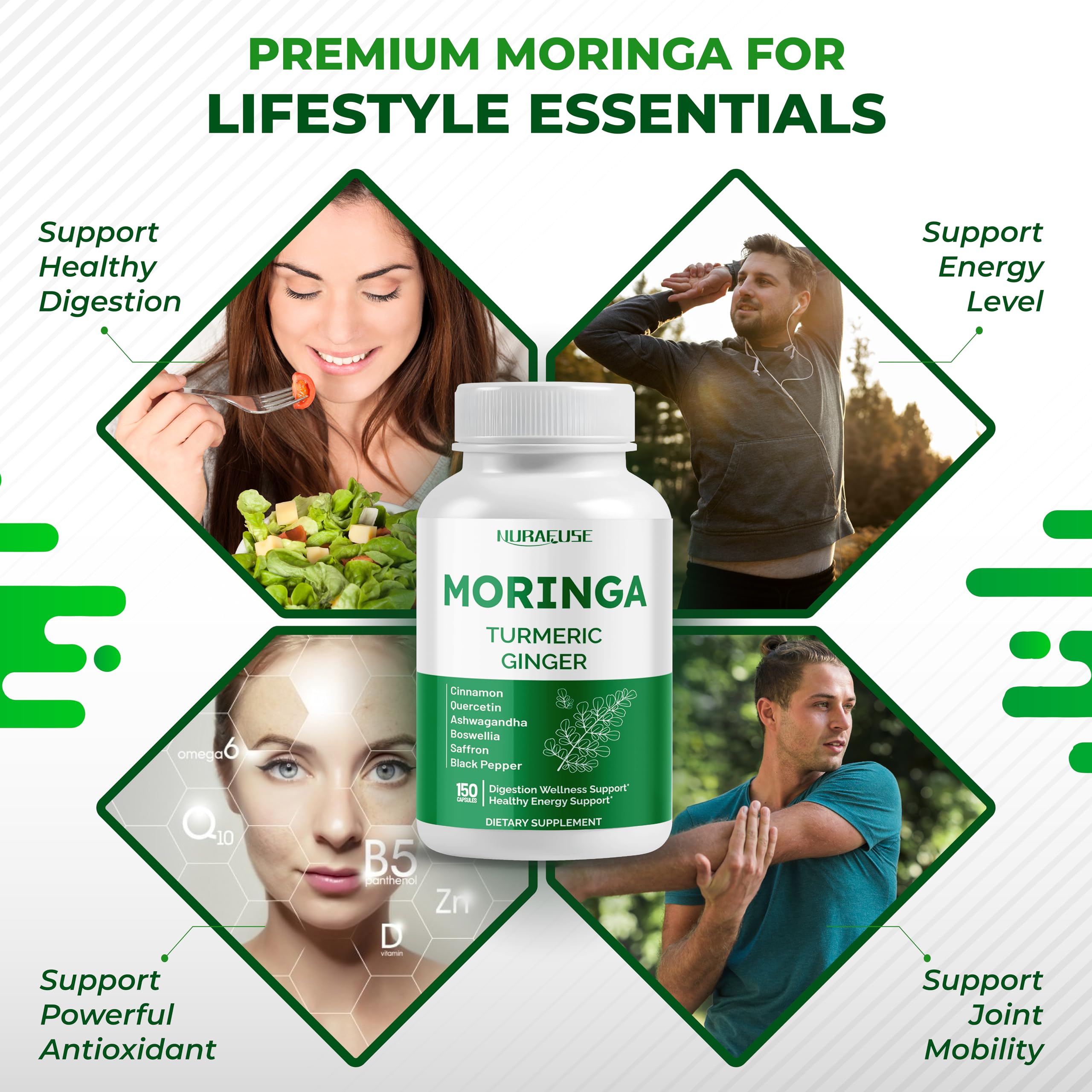 Moringa 12-in-1 Supplement with Turmeric, Quercetin & Cinnamon – Made in USA | Nurafuse