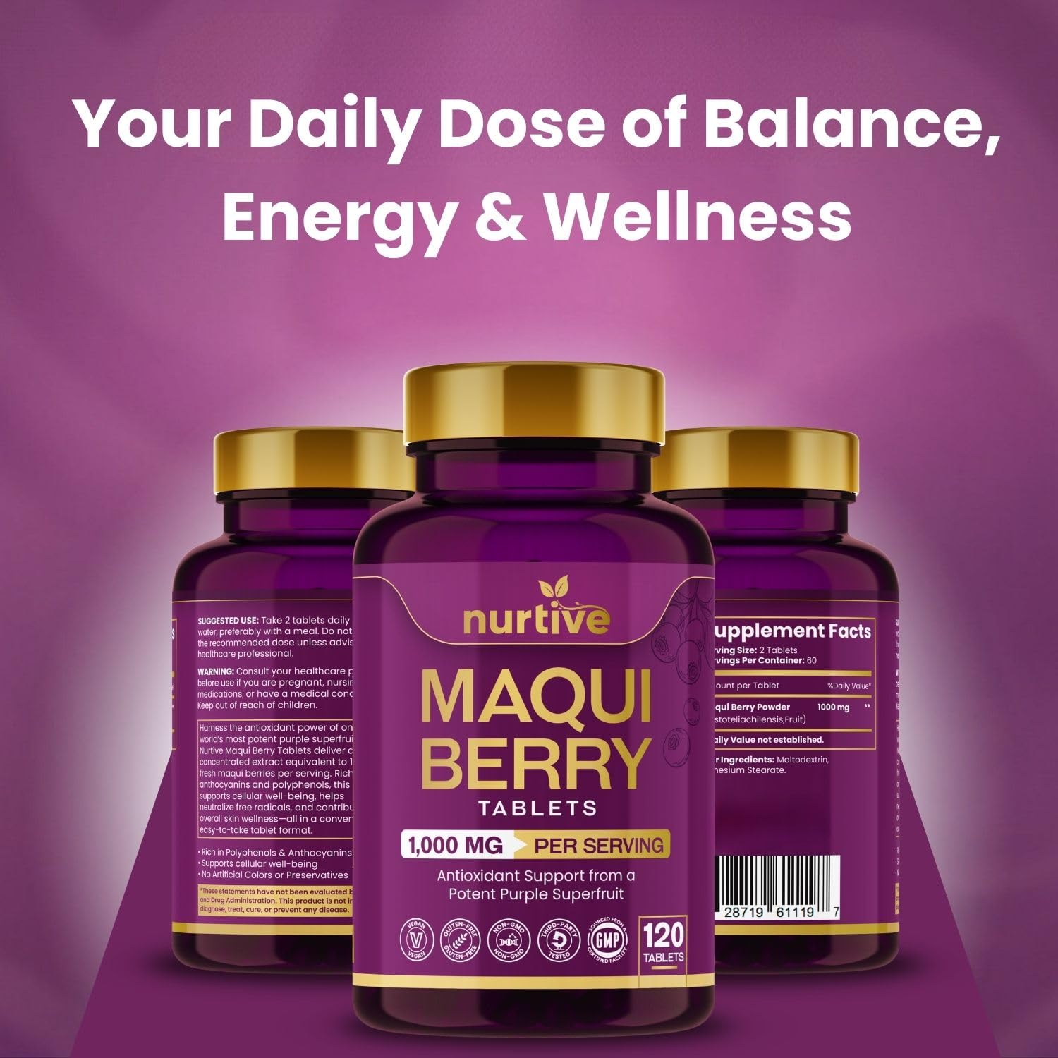 NURTIVE Maqui Berry Tablets - 1000 mg/Serving, 120 Tablets, 10:1 Extract | Vegan & Gluten-Free