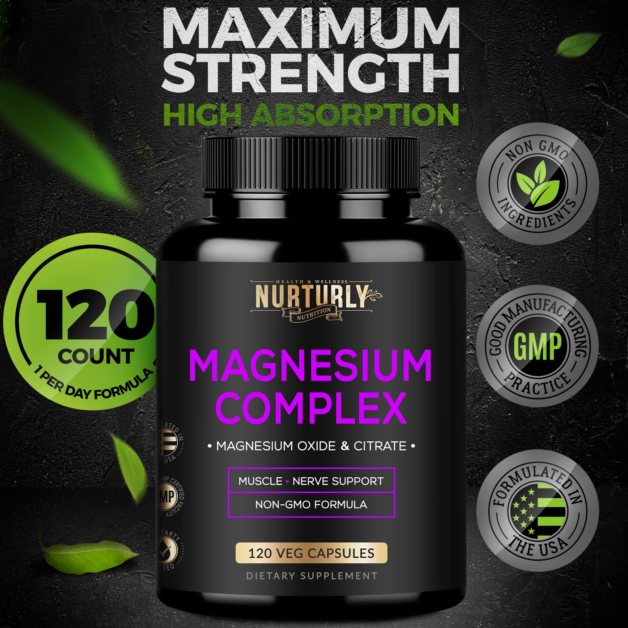 Nurturly Magnesium Citrate & Oxide 500mg Complex – High Absorption, 240 Vegan Capsules