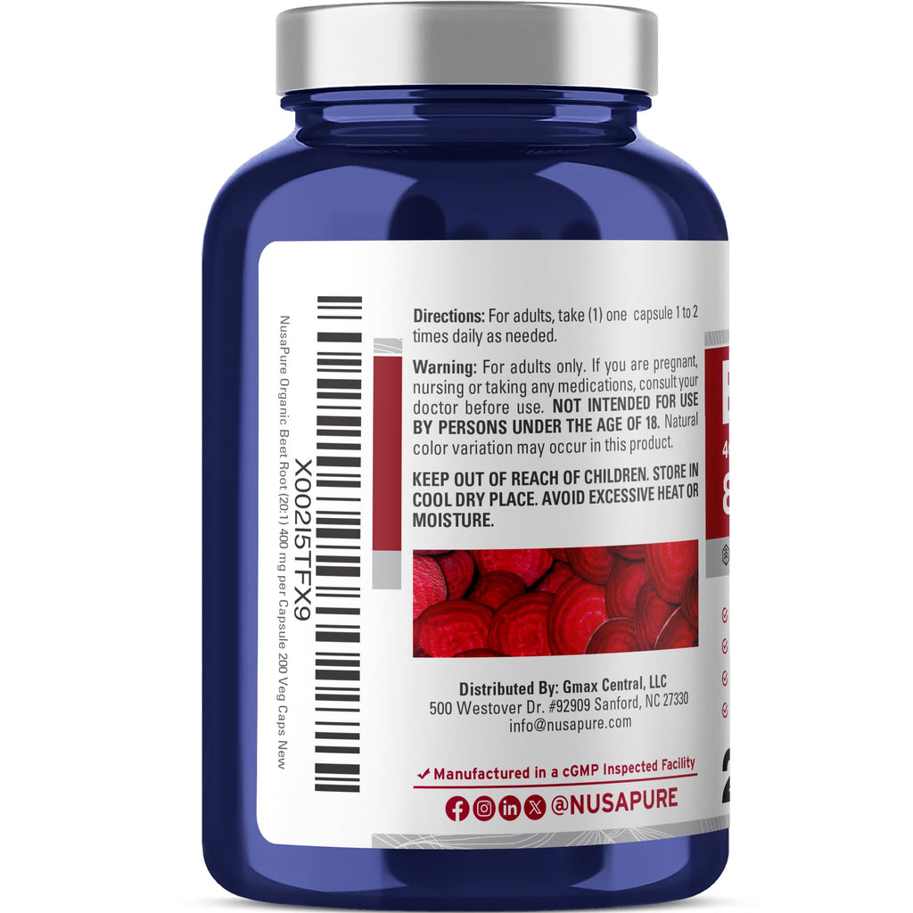 NusaPure Organic Beet Root 20:1 Extract – 400 mg per Capsule, 200 Veggie Caps | Vegan, Non-GMO