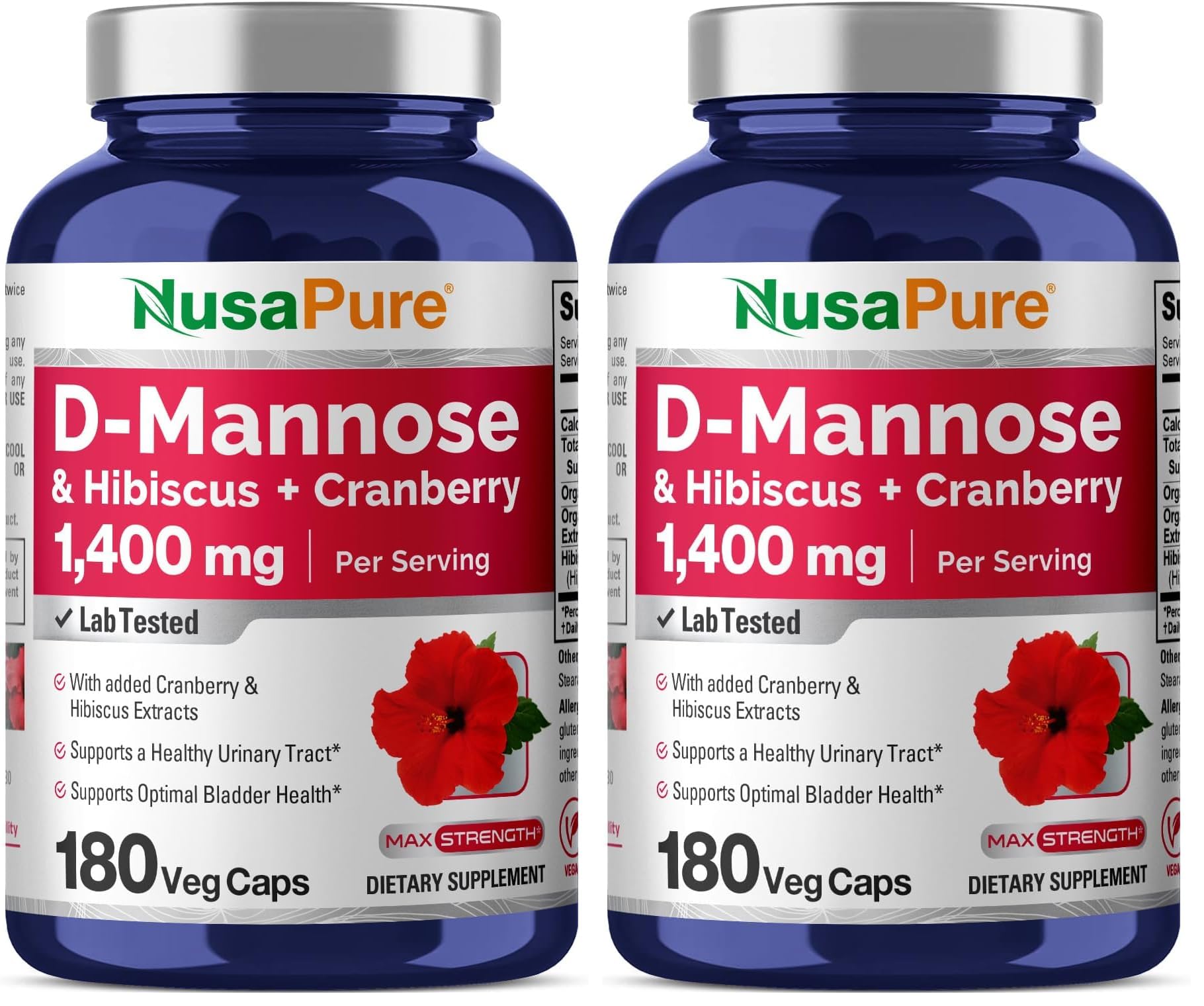 NusaPure D-Mannose Complex 1400 mg with Hibiscus & Cranberry – 180 Veggie Caps (Pack of 2)