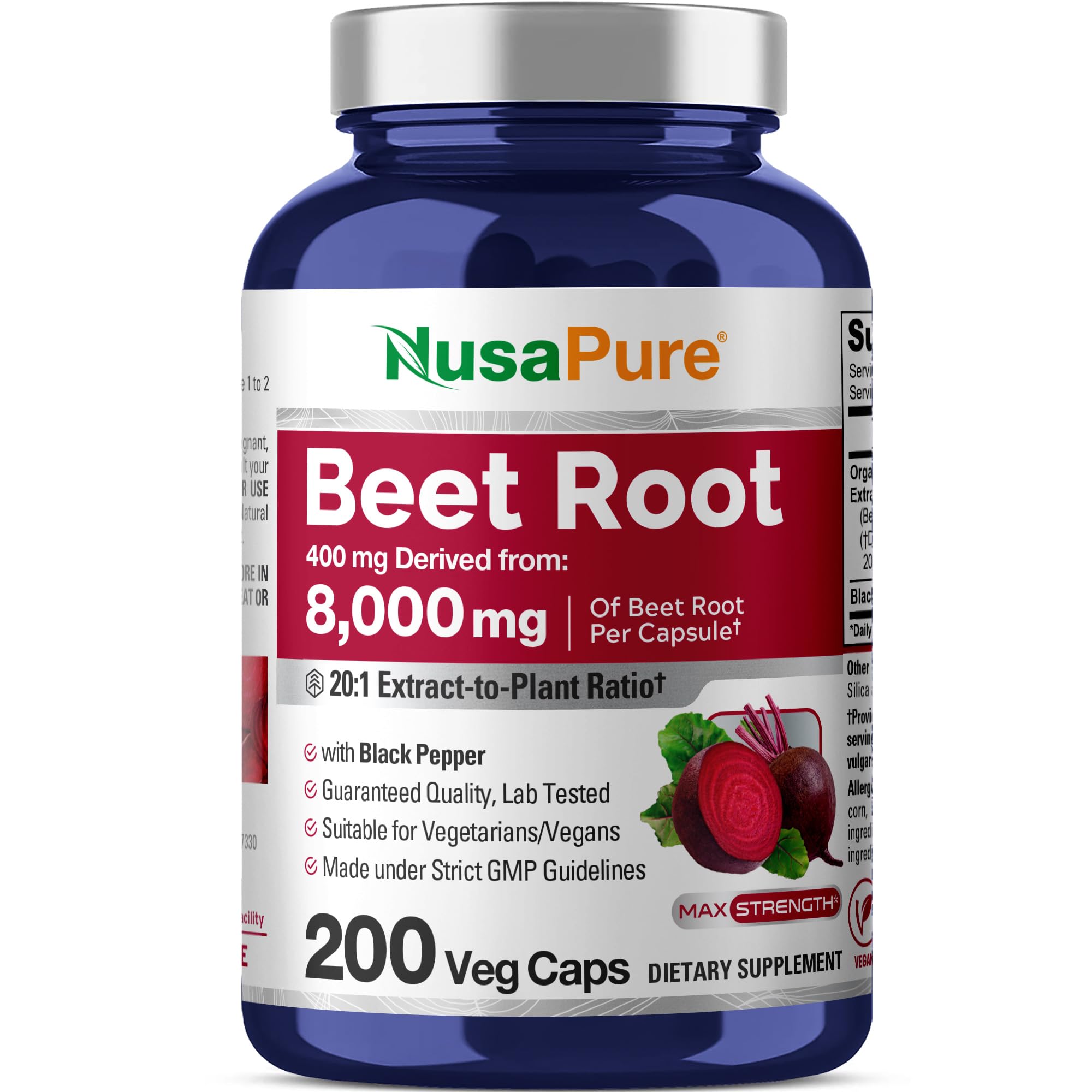NusaPure Organic Beet Root 20:1 Extract – 400 mg per Capsule, 200 Veggie Caps | Vegan, Non-GMO