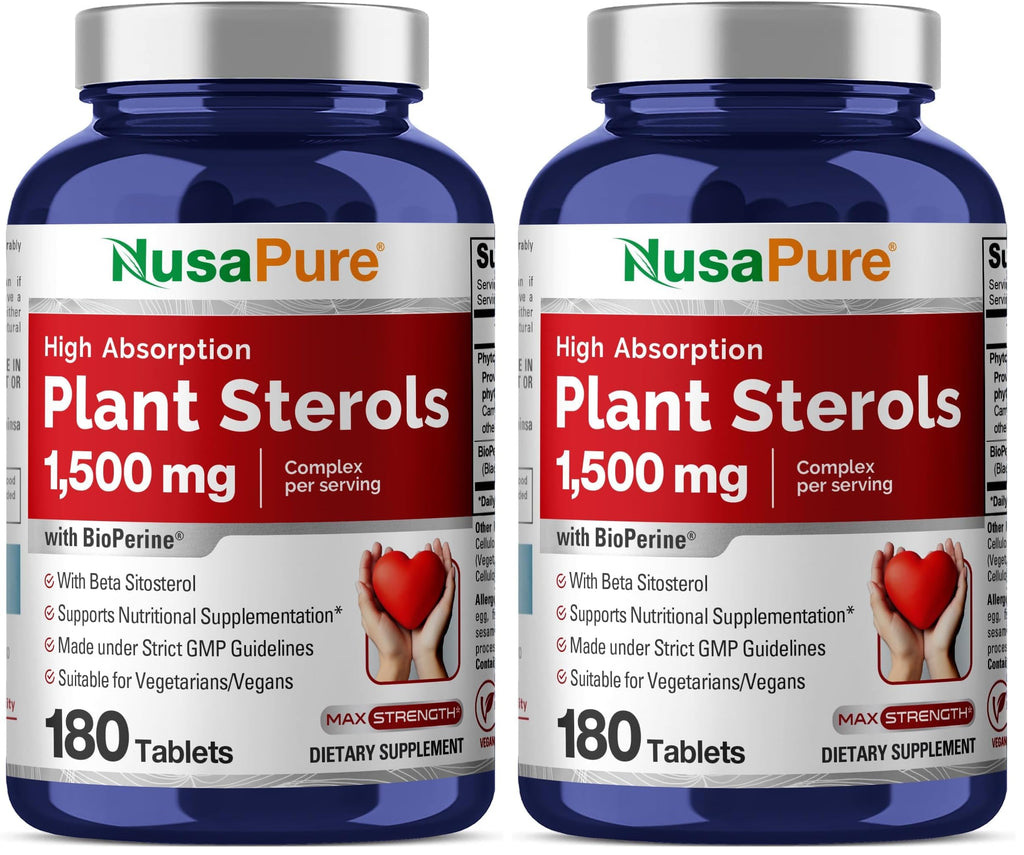 NusaPure Plant Sterols 1500 mg - 180 Vegan Tablets | Non-GMO, Beta Sitosterol + Bioperine (Pack of 2)