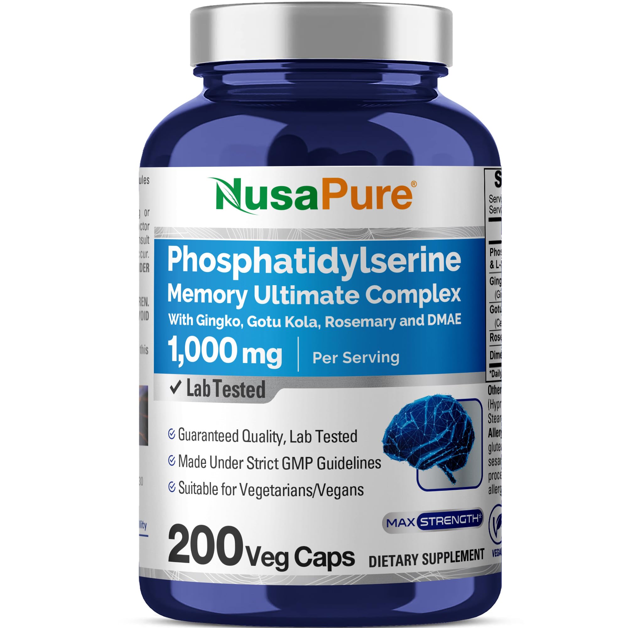 NusaPure Phosphatidylserine Memory Ultimate Complex 1000mg - 200 Vegetarian Caps | Vegan, Non-GMO