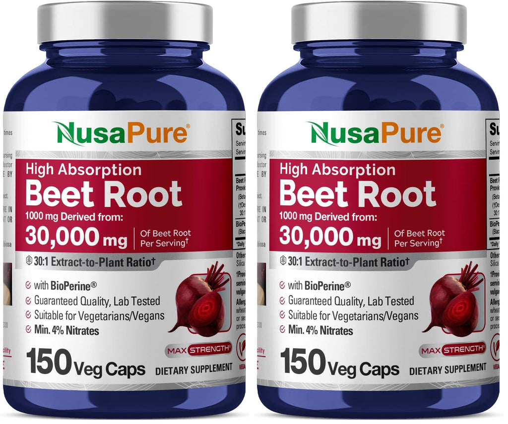 NusaPure Beet Root 30:1 Extract – 1000 mg per Serving, 150 Veggie Caps, Bioperine