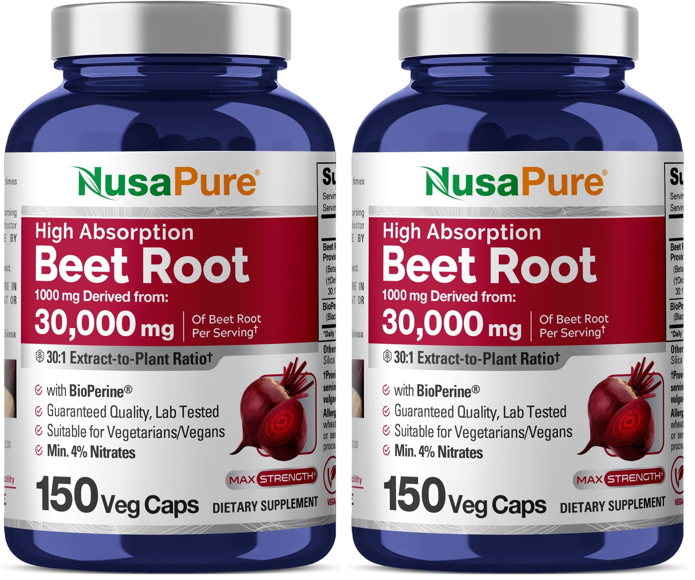NusaPure Beet Root 30:1 Extract – 1000 mg per Serving, 150 Veggie Caps, Bioperine