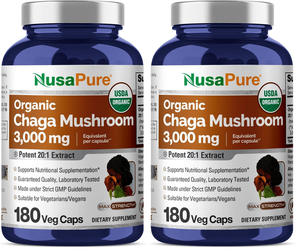 NusaPure Chaga 20:1 Extract – 150 mg (3000 mg) per Capsule, 180 Count, USDA Organic, Vegan, Non-GMO, Pack of 2