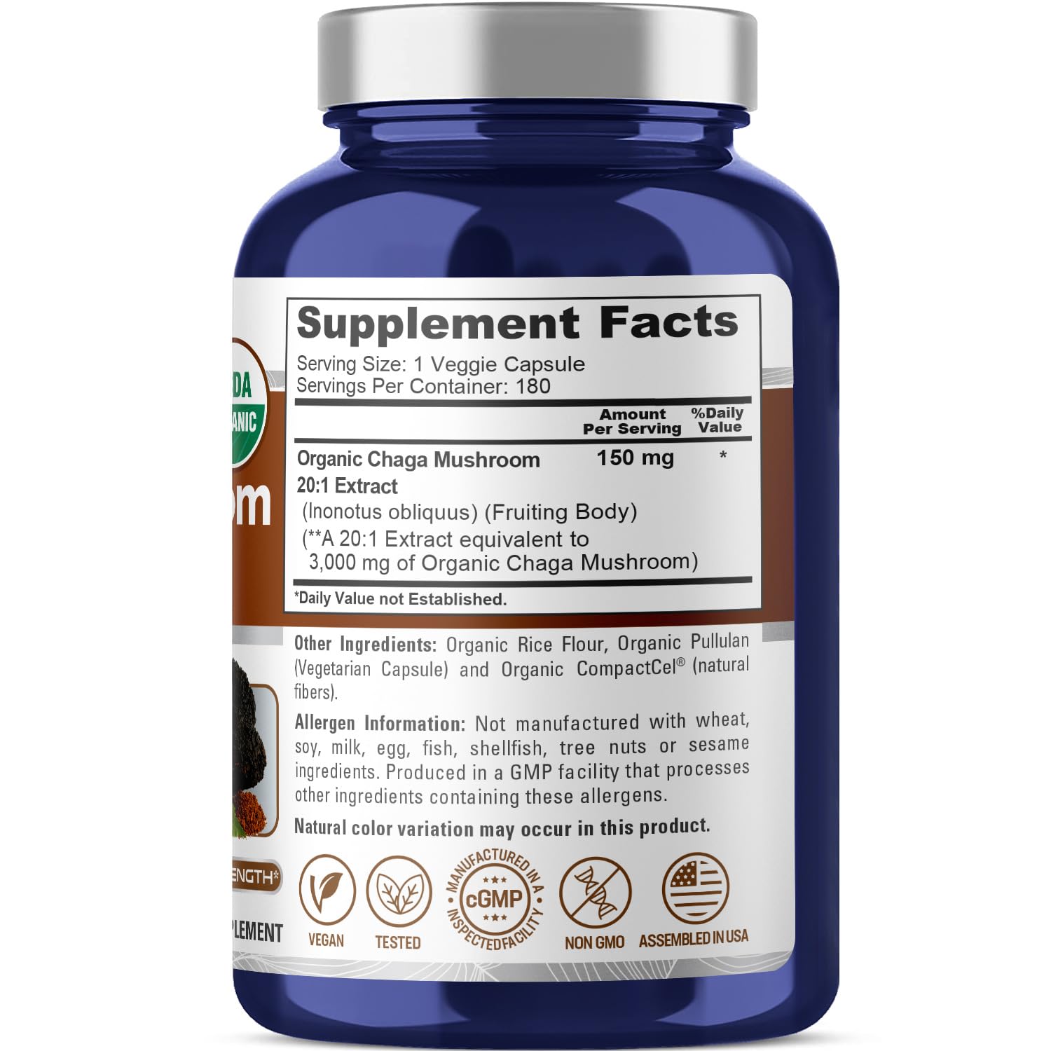 NusaPure Chaga 20:1 Extract – 150 mg (3000 mg) per Capsule, 180 Count, USDA Organic, Vegan, Non-GMO, Pack of 2