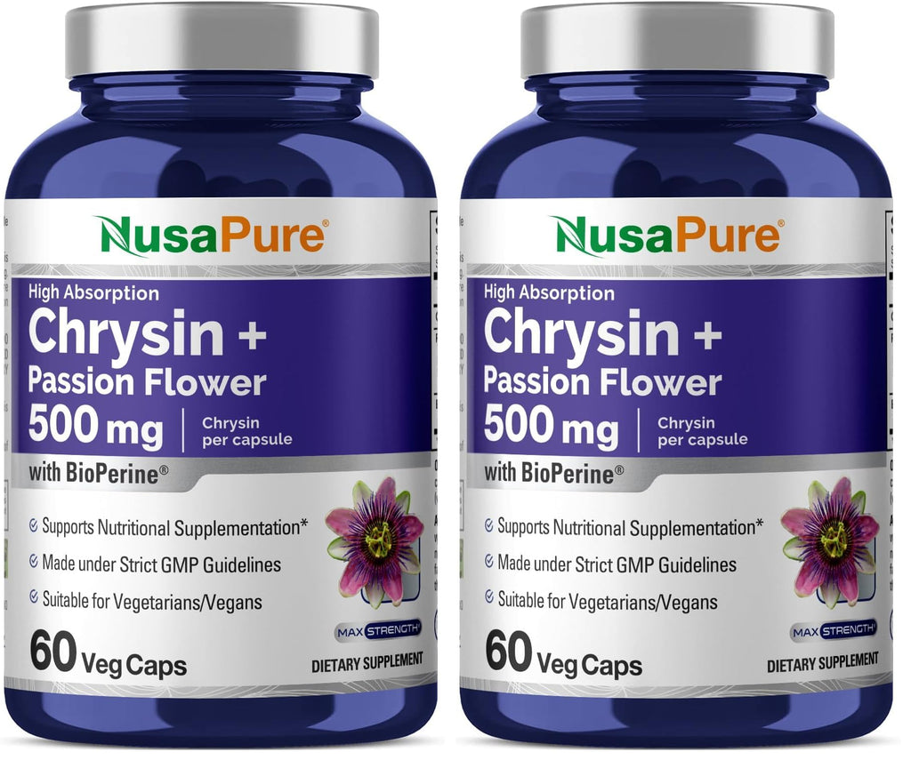 NusaPure Chrysin 500mg – 60 Veggie Capsules | Passion Flower Complex | Non-GMO + Bioperine | Pack of 2