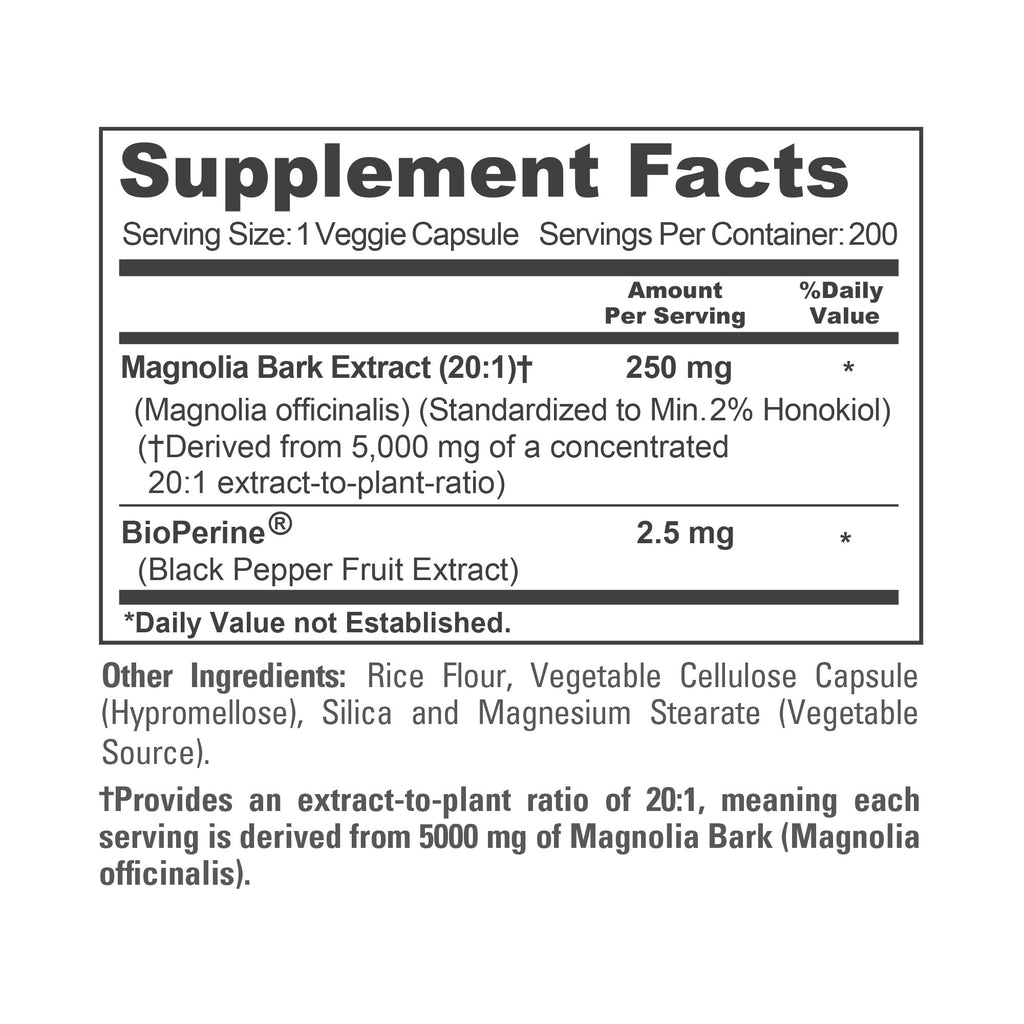 NusaPure Magnolia Bark 20:1 Extract – 250 mg Capsule, 200 Vegan, Non-GMO