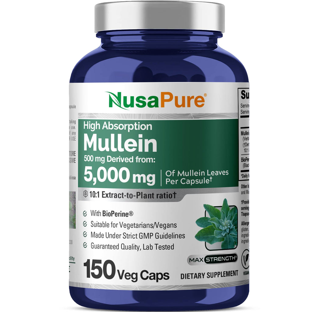 NusaPure Mullein Leaf Capsules 10:1 Extract - 150 Count | 500 mg per Capsule | Vegan, Non-GMO