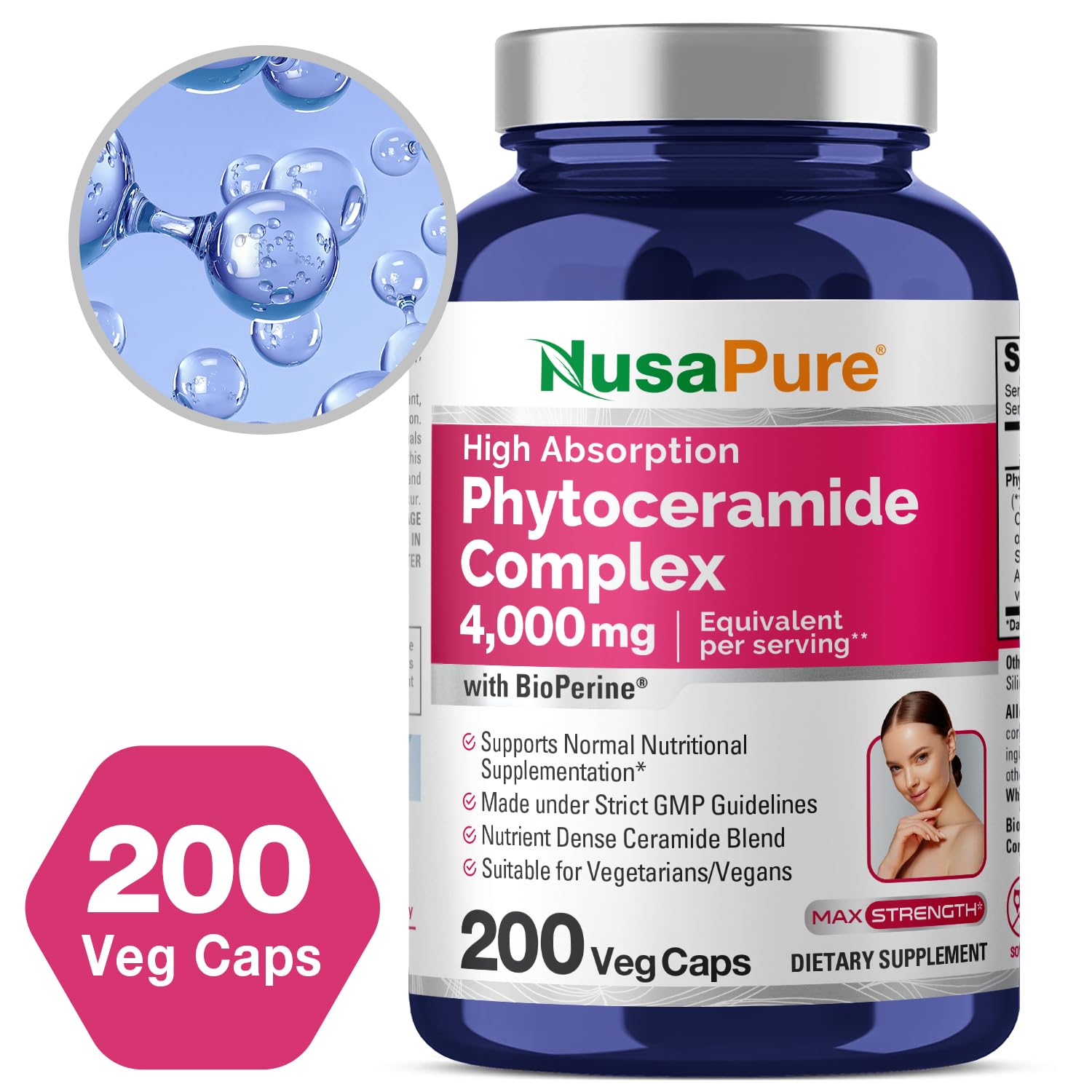 NusaPure Phytoceramide Complex 10:1 Extract – 1030 mg (4000 mg Equivalent) 200 Veggie Capsules, Non-GMO, Bioperine