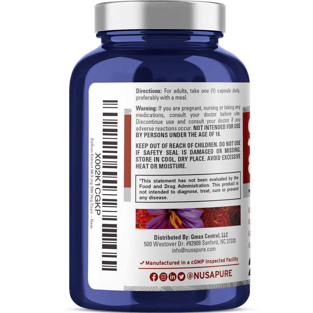 NusaPure Saffron Extract 88.5mg – 200 Veggie Caps (Pack of 2) – Vegetarian, Non-GMO, Vegan