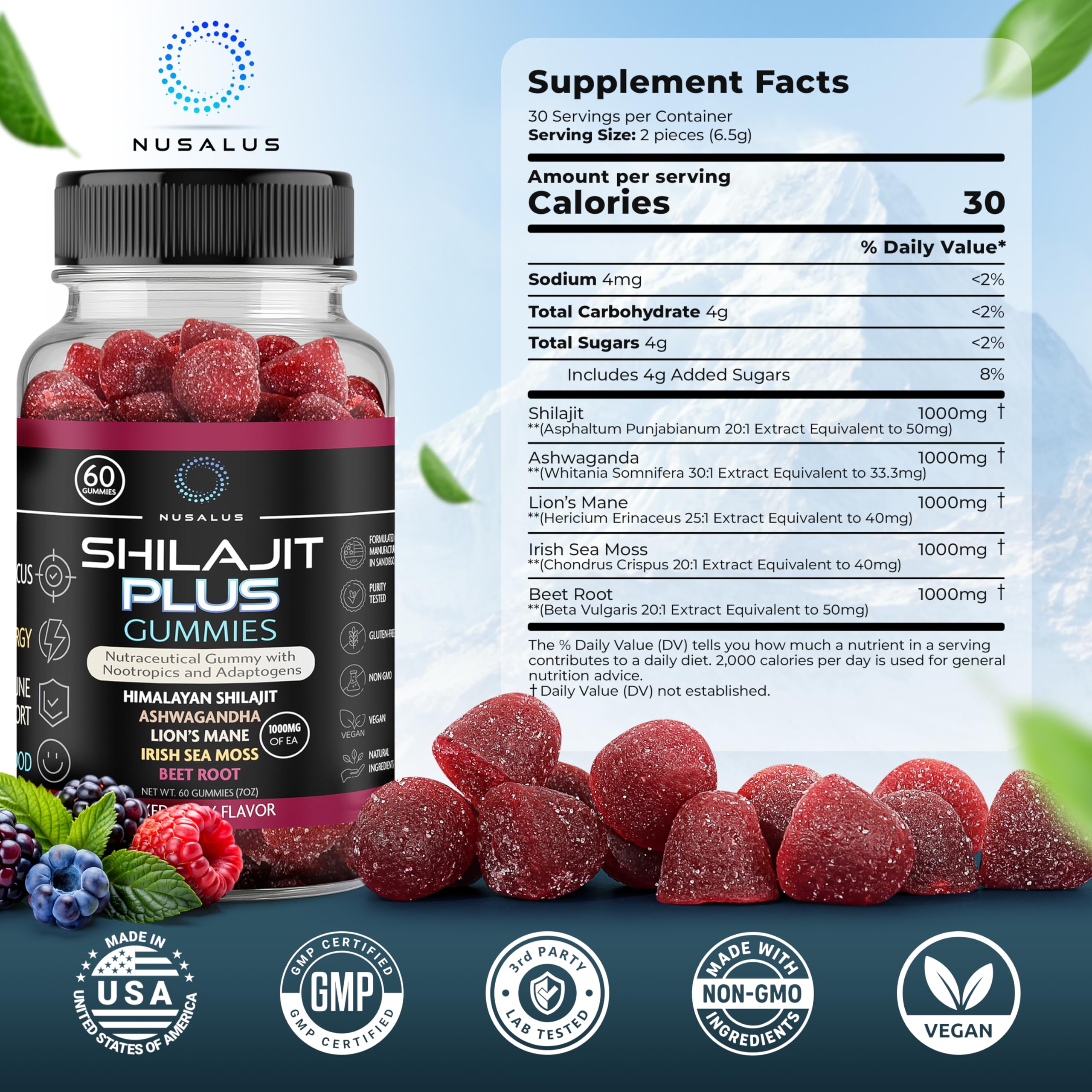 Nusalus Shilajit Plus Gummies – 5-in-1 Adaptogen Energy & Focus (Vegan, Made in USA)