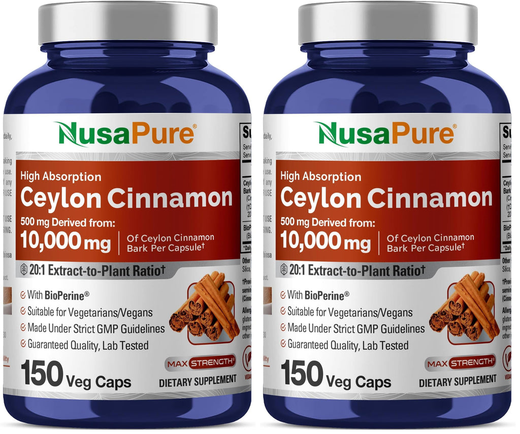 NusaPure Ceylon Cinnamon 20:1 Extract — 500 mg per Capsule | 150 Veggie Caps | Pack of 2