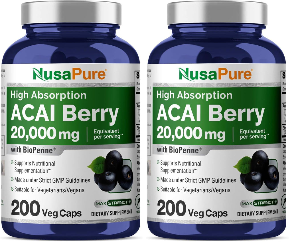 NusaPure Acai Berry Capsules 20000mg - 200 Veggie Caps, Non-GMO, 50:1 Extract + Bioperine (Pack of 2)