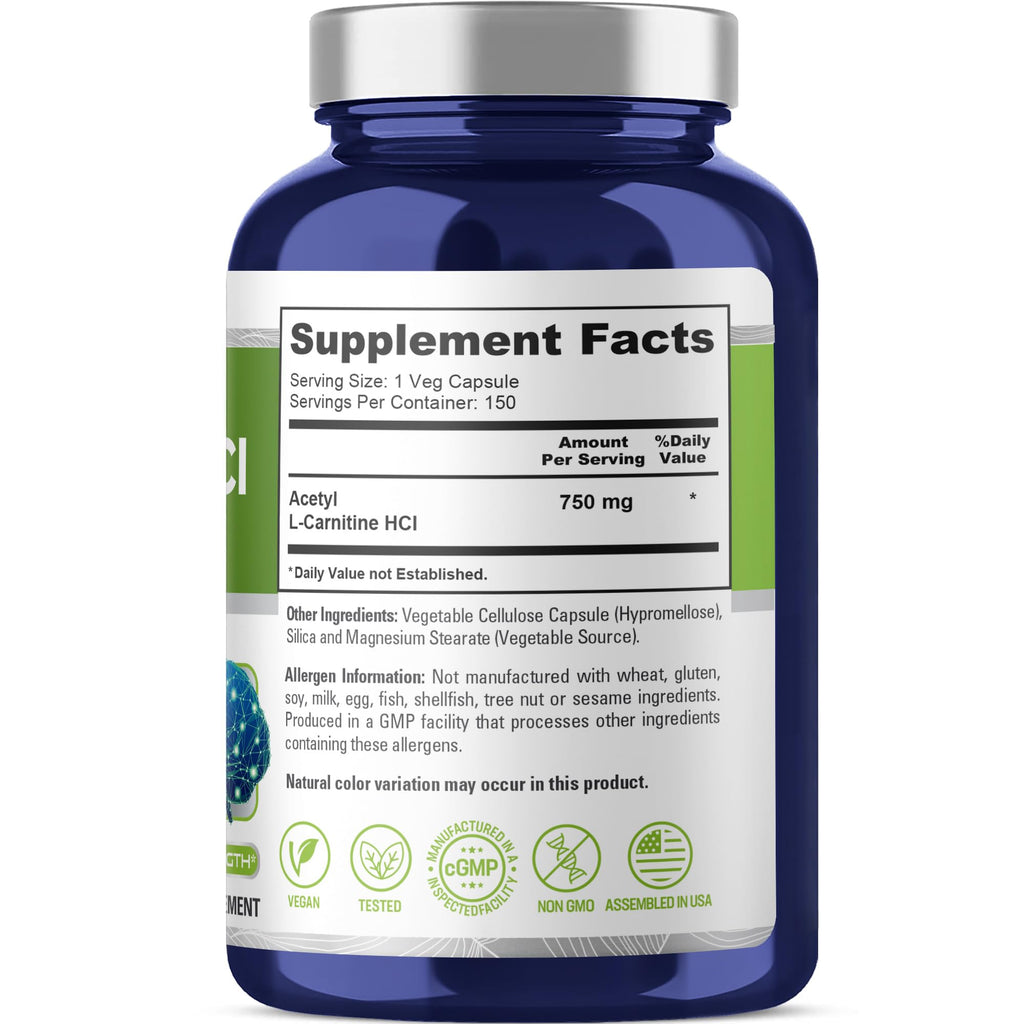 NusaPure Acetyl L-Carnitine 750mg Veggie Caps - 150 CT Non-GMO, Vegan