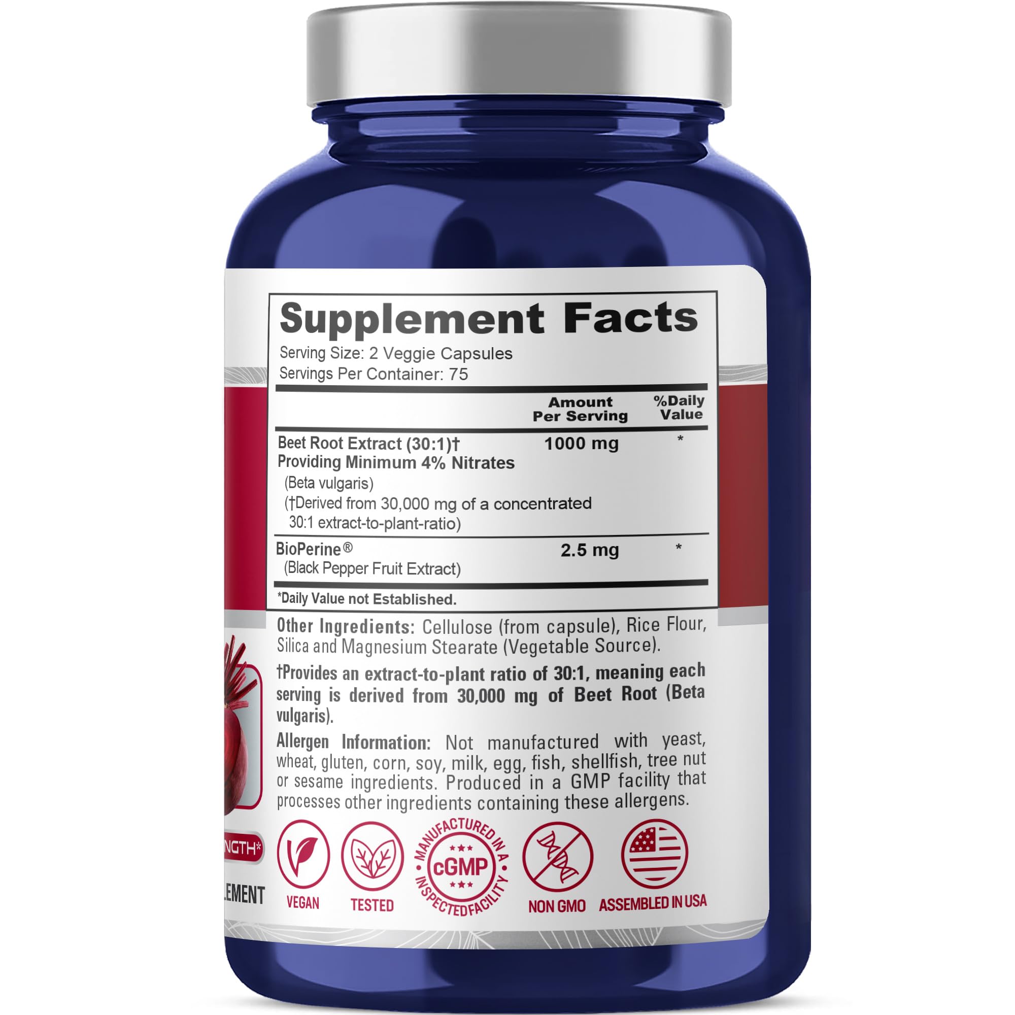 NusaPure Beet Root 30:1 Extract – 1000 mg per Serving, 150 Veggie Caps, Bioperine