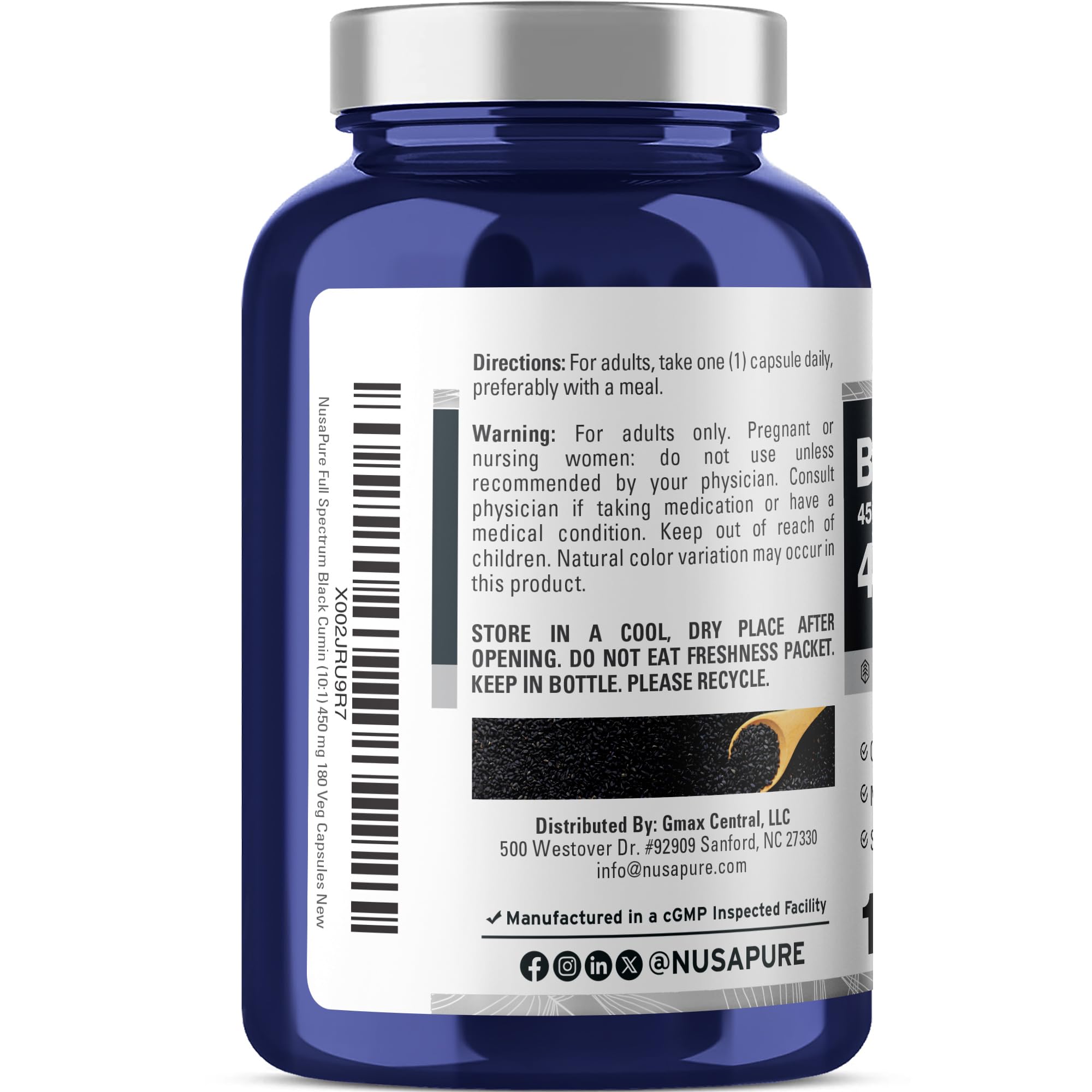 NusaPure Black Cumin Seed 10:1 Extract – 450 mg per Serving, 180 Veggie Caps (2-Pack)