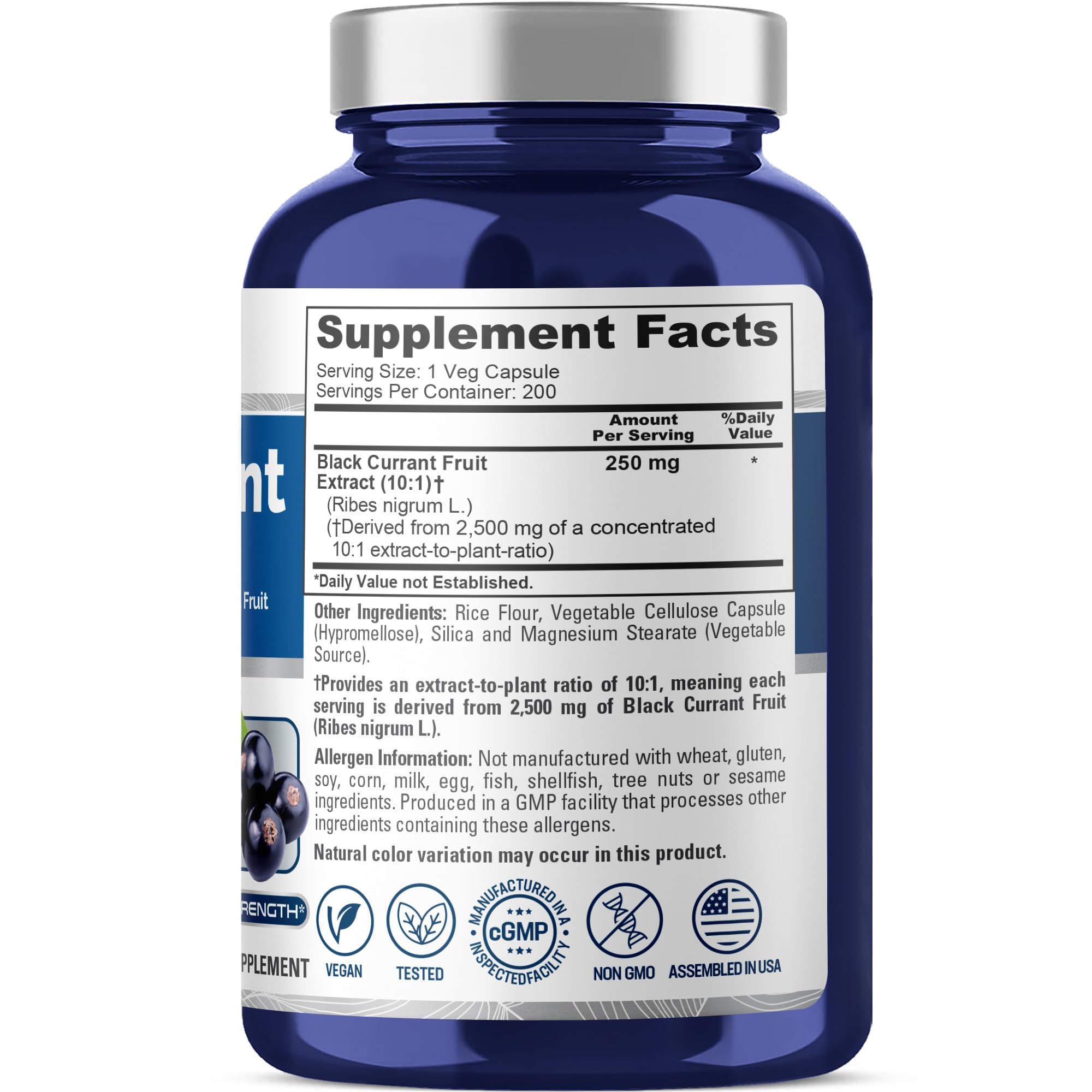 NusaPure Black Currant 10:1 Extract – 250 mg (Equivalent to 2,500 mg) per Veg Cap | 200 Vegan, Non-GMO