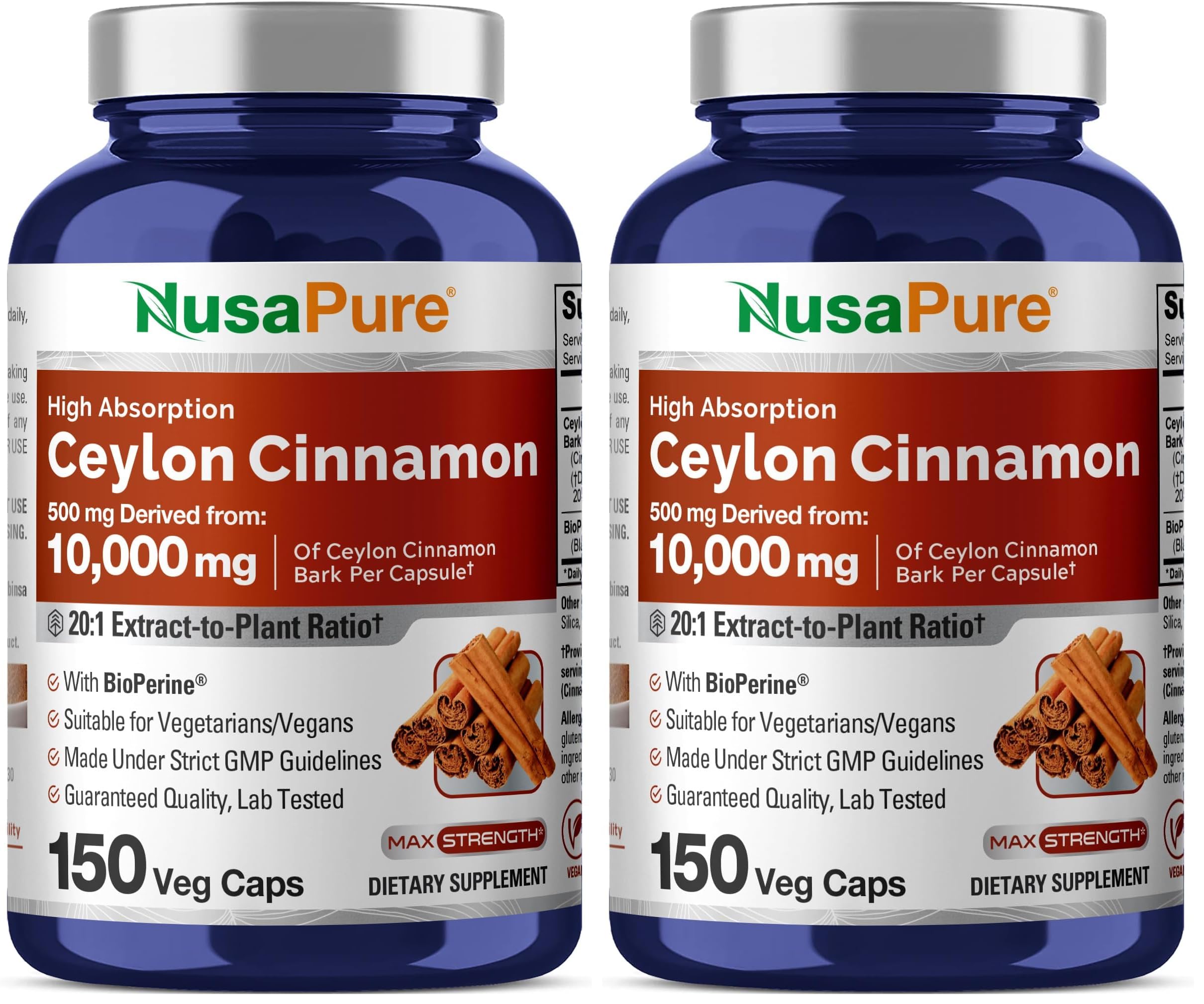 NusaPure Ceylon Cinnamon 20:1 Extract — 500 mg per Capsule | 150 Veggie Caps | Pack of 2