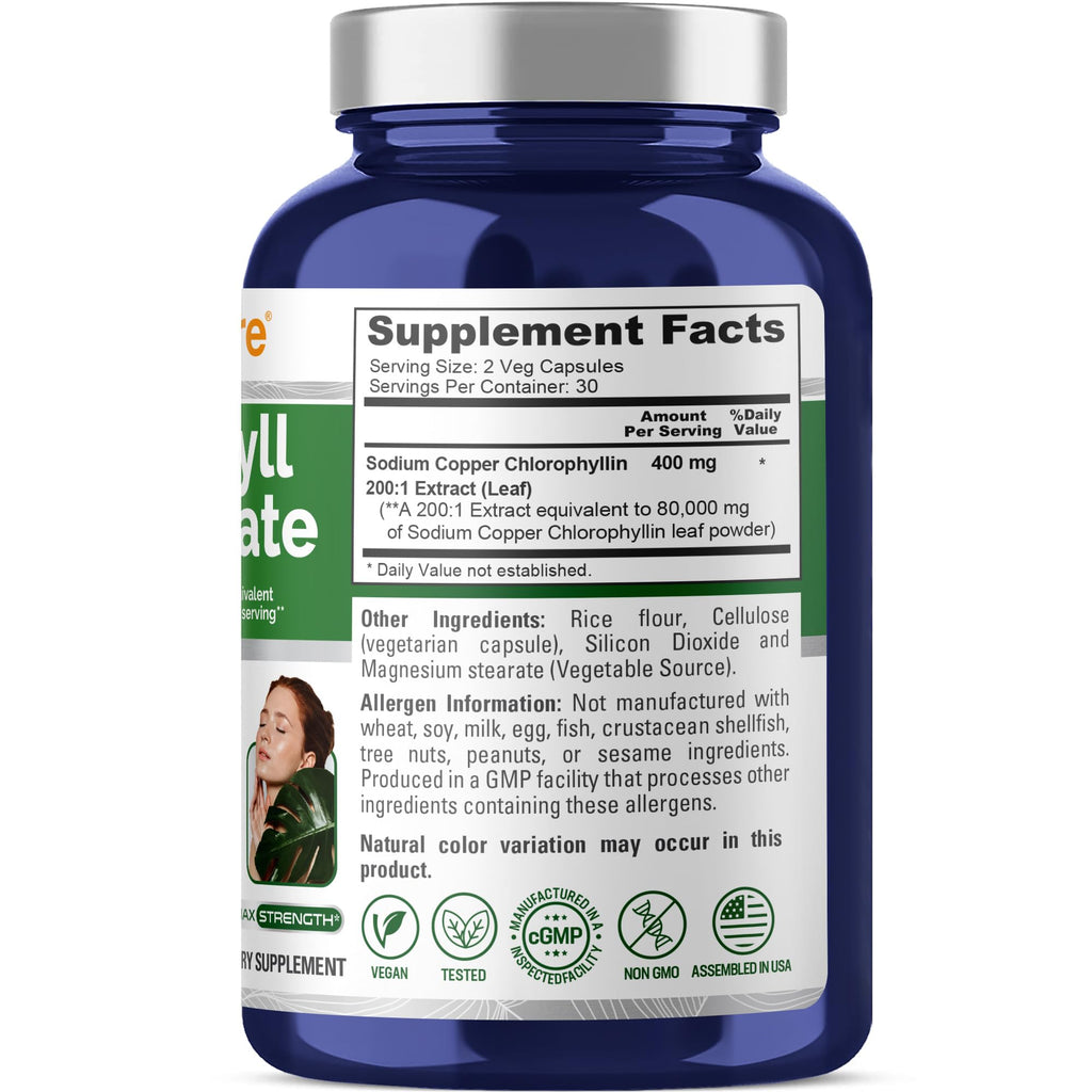 NusaPure Chlorophyll 200:1 Extract – 60 Veggie Caps (2-Pack), 80,000 mg per Serving, Non-GMO, Vegan