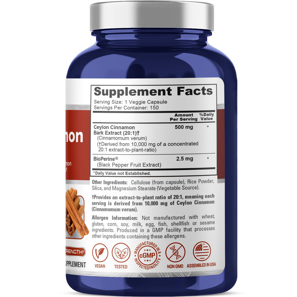 NusaPure Ceylon Cinnamon 20:1 Extract – 500 mg per Capsule, 150 Veggie Caps | Bioperine