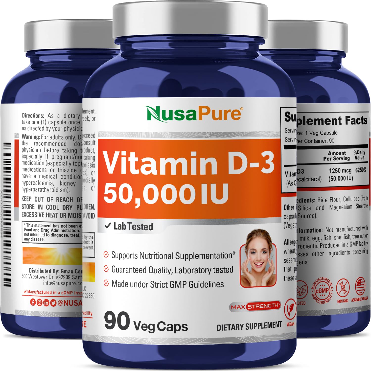 NusaPure Vitamin D3 50,000 IU - 90 Veggie Capsules (Pack of 2) | Non-GMO, Vegan