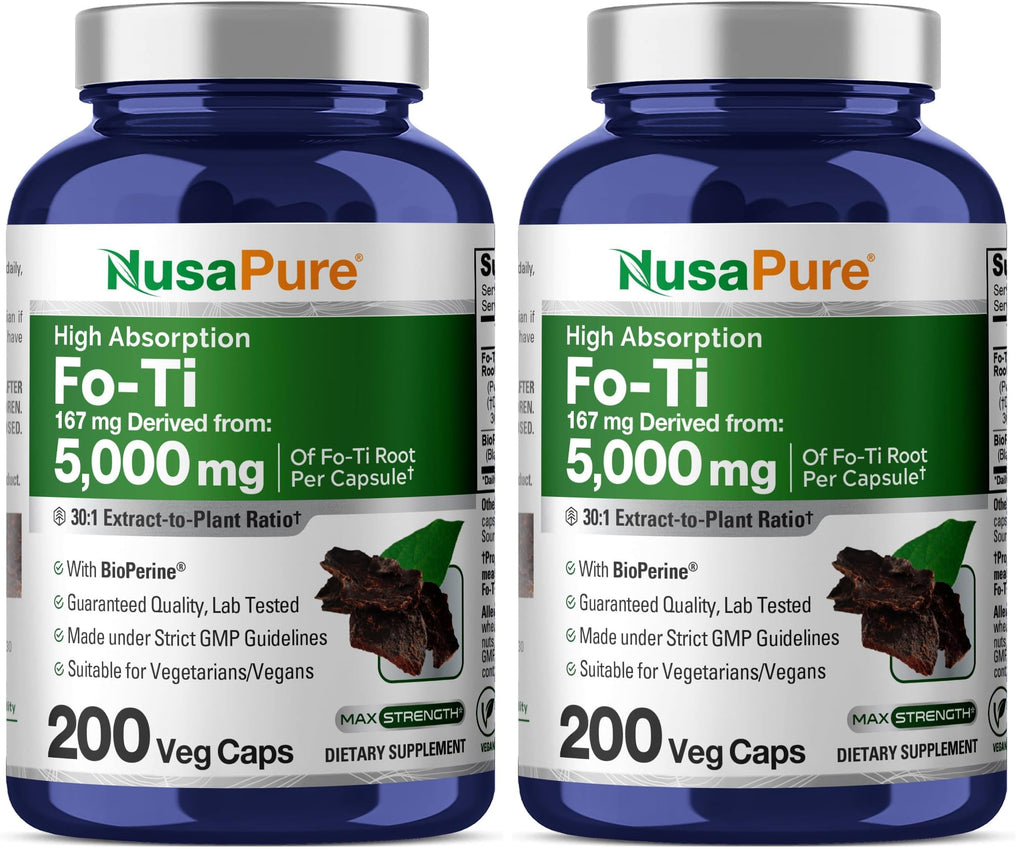 NusaPure Fo-Ti 30:1 Extract – 167 mg per Veg Cap (5000 mg), 200 Caps, Non-GMO, Vegan, Bioperine | Pack of 2