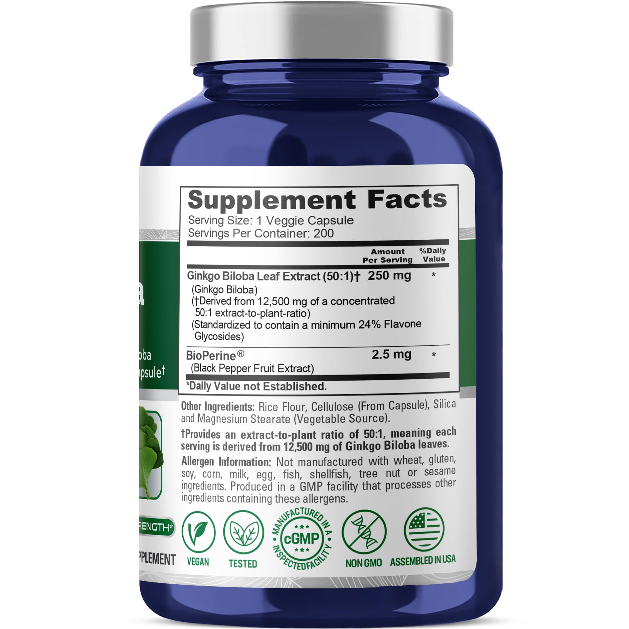 NusaPure Ginkgo Biloba 50:1 Extract 250 mg per Capsule | 12,500 mg Equivalent | 200 Veggie Caps | Bioperine