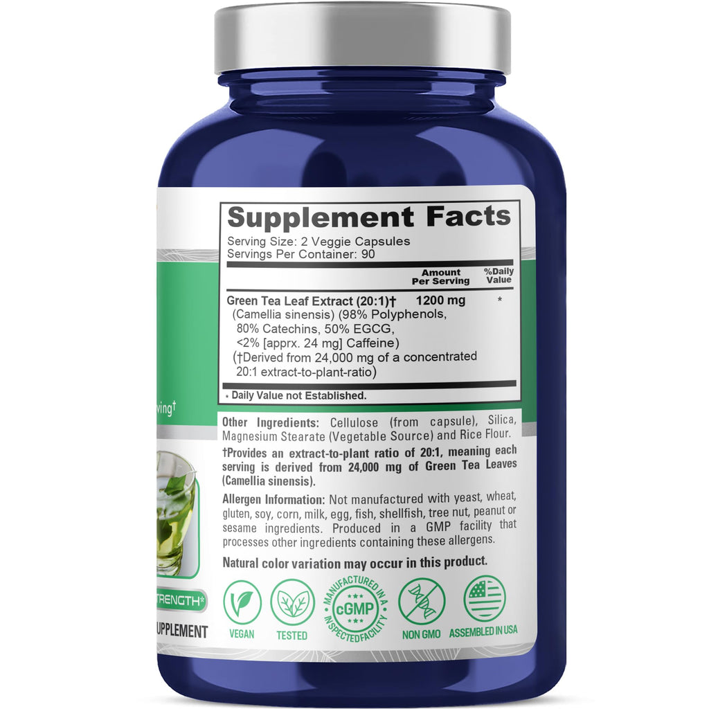 NusaPure Green Tea 20:1 Extract, 1200 mg Equivalent to 24000mg, 180 Vegan Capsules, 50% EGCG, 98% Polyphenols, 80% Catechins