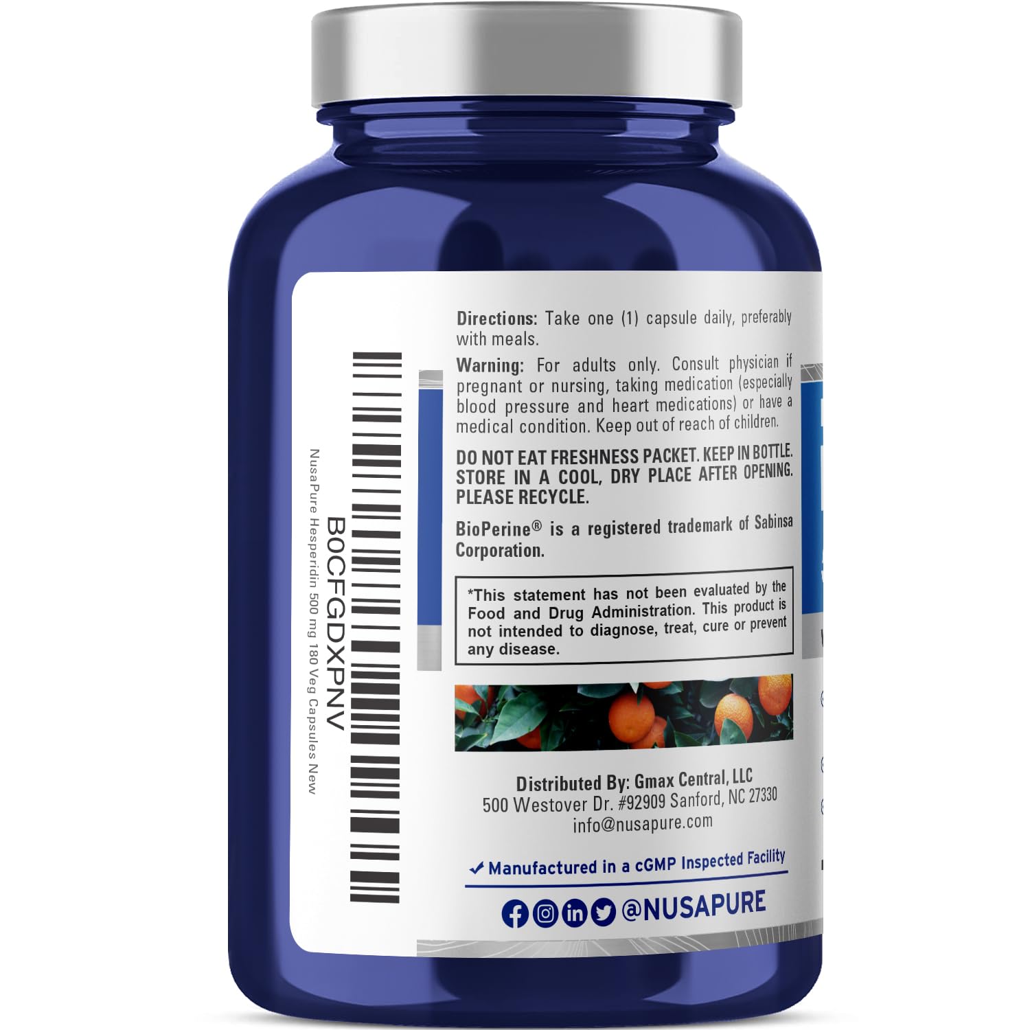 NusaPure Hesperidin 500 mg Veggie Caps – 180 Count | BioPerine, High Absorption, Non-GMO