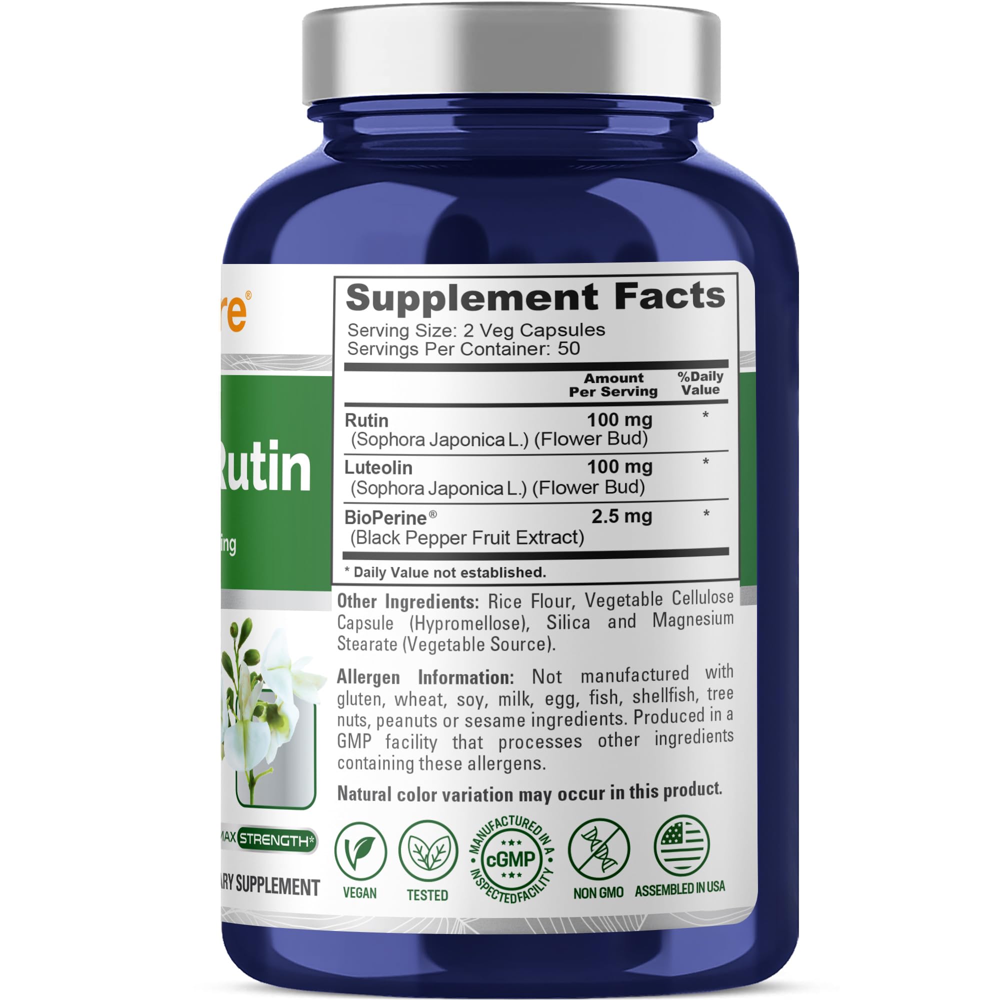 NusaPure Luteolin Complex with Rutin 200 mg – 100 Veg Capsules (Pack of 2)