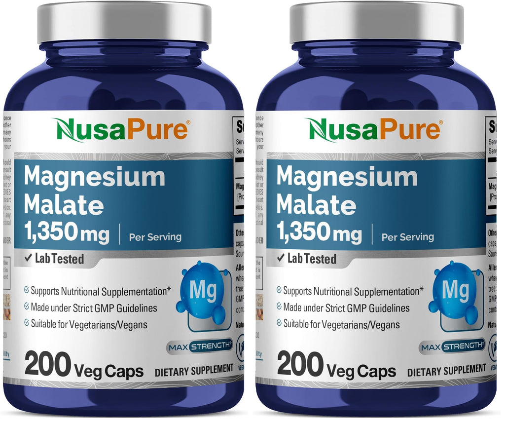 NusaPure Magnesium Malate 1350mg | 200 Veggie Capsules | Vegan Non-GMO Pack of 2