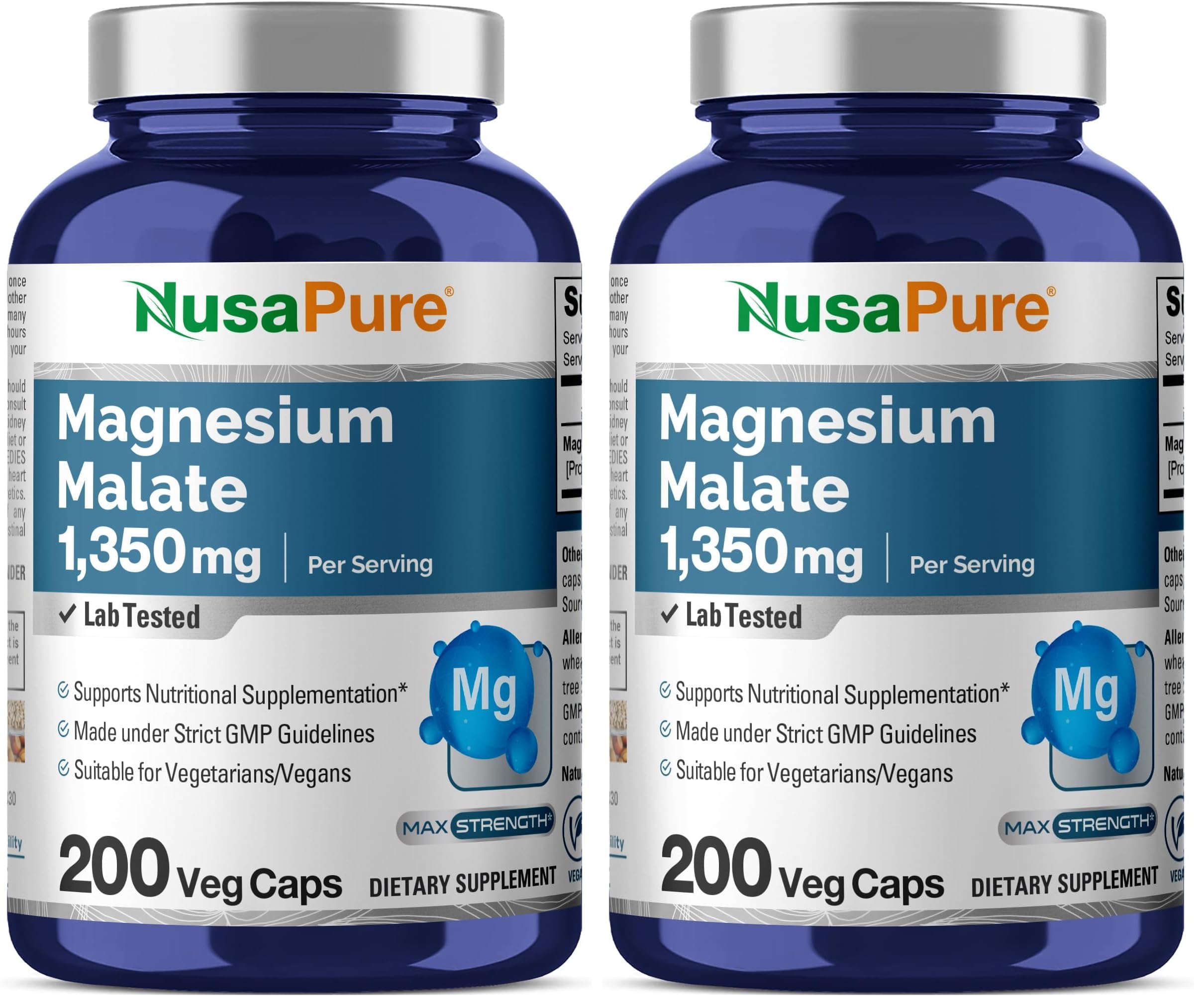 NusaPure Magnesium Malate 1350mg | 200 Veggie Capsules | Vegan Non-GMO Pack of 2