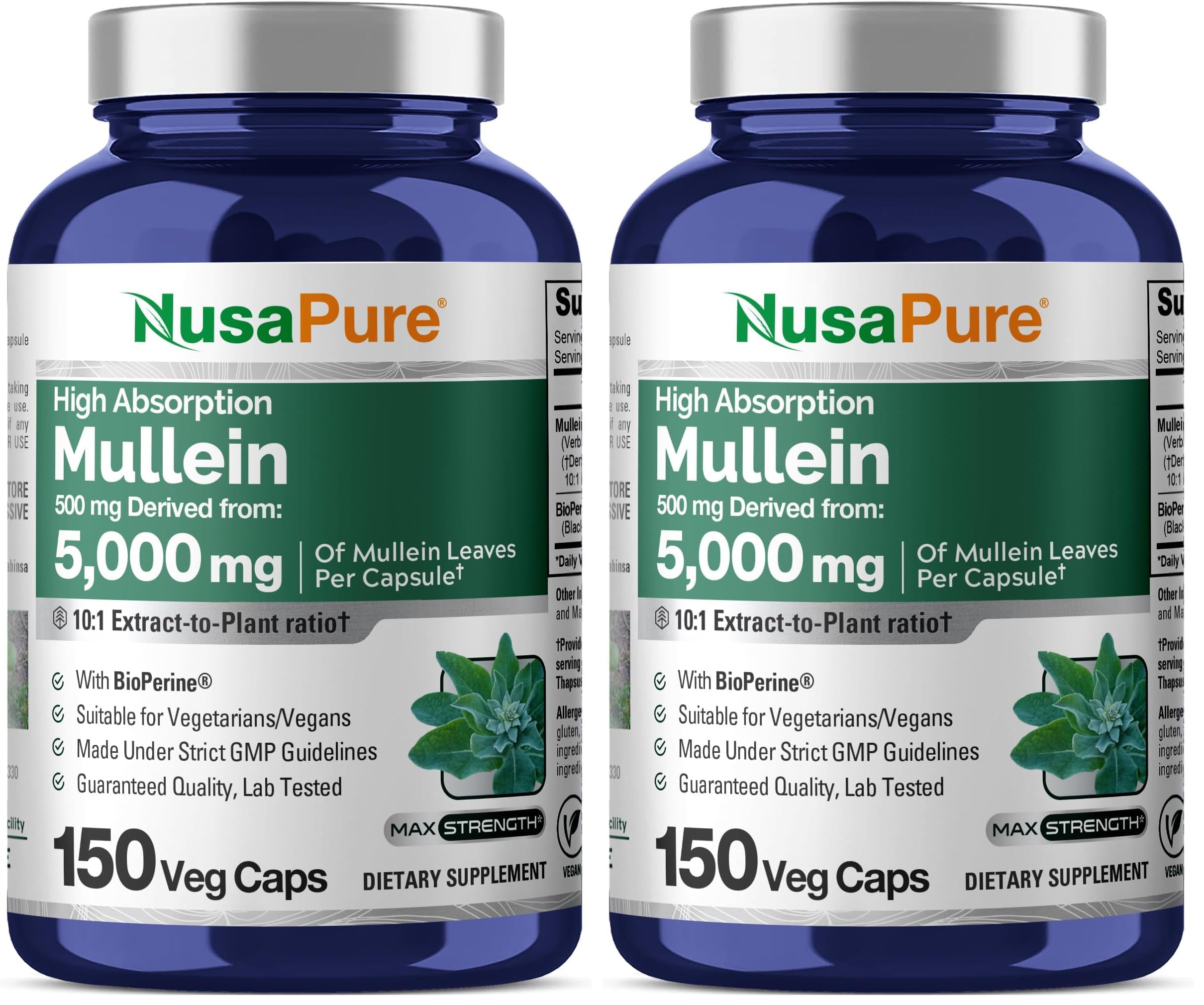 NusaPure Mullein Leaf Capsules 10:1 Extract – 150 Count – Non-GMO & Vegan (Pack of 2)