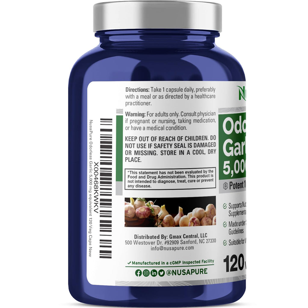NusaPure Odorless Garlic 100:1 Extract | 50 mg per Capsule (Equivalent to 5,000 mg Garlic) | 120 Veggie Caps | Non-GMO | Pack of 2